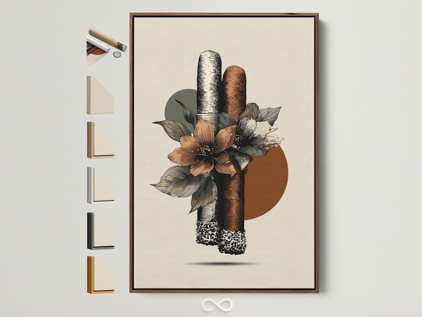 Boho floral artwork with cigars in a brown frame. Many frame options are available. Perfect Eclectic Wall Art for a man cave lounge or cigar shop. The primary color is brown and the secondary color is beige. Add a touch of bohemian style to your home.