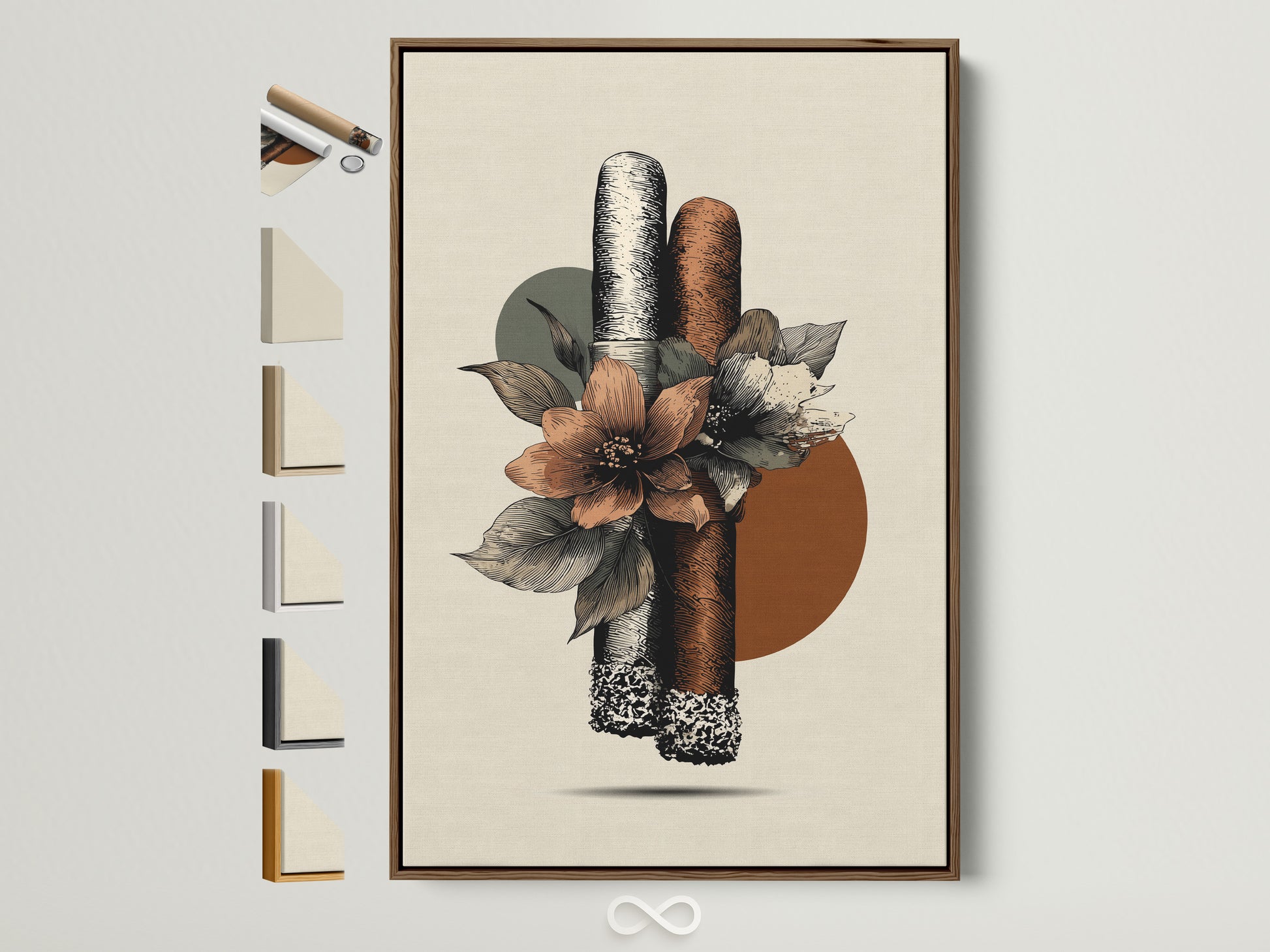 Boho floral artwork with cigars in a brown frame. Many frame options are available. Perfect Eclectic Wall Art for a man cave lounge or cigar shop. The primary color is brown and the secondary color is beige. Add a touch of bohemian style to your home.