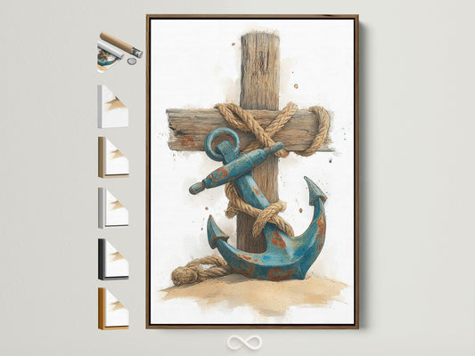 A framed art print hangs on a white wall. It features a blue anchor wrapped in rope against a wooden cross. The frame is a natural brown wood. See all frame options to customize your artwork. Find the perfect frame to complement your home decor.