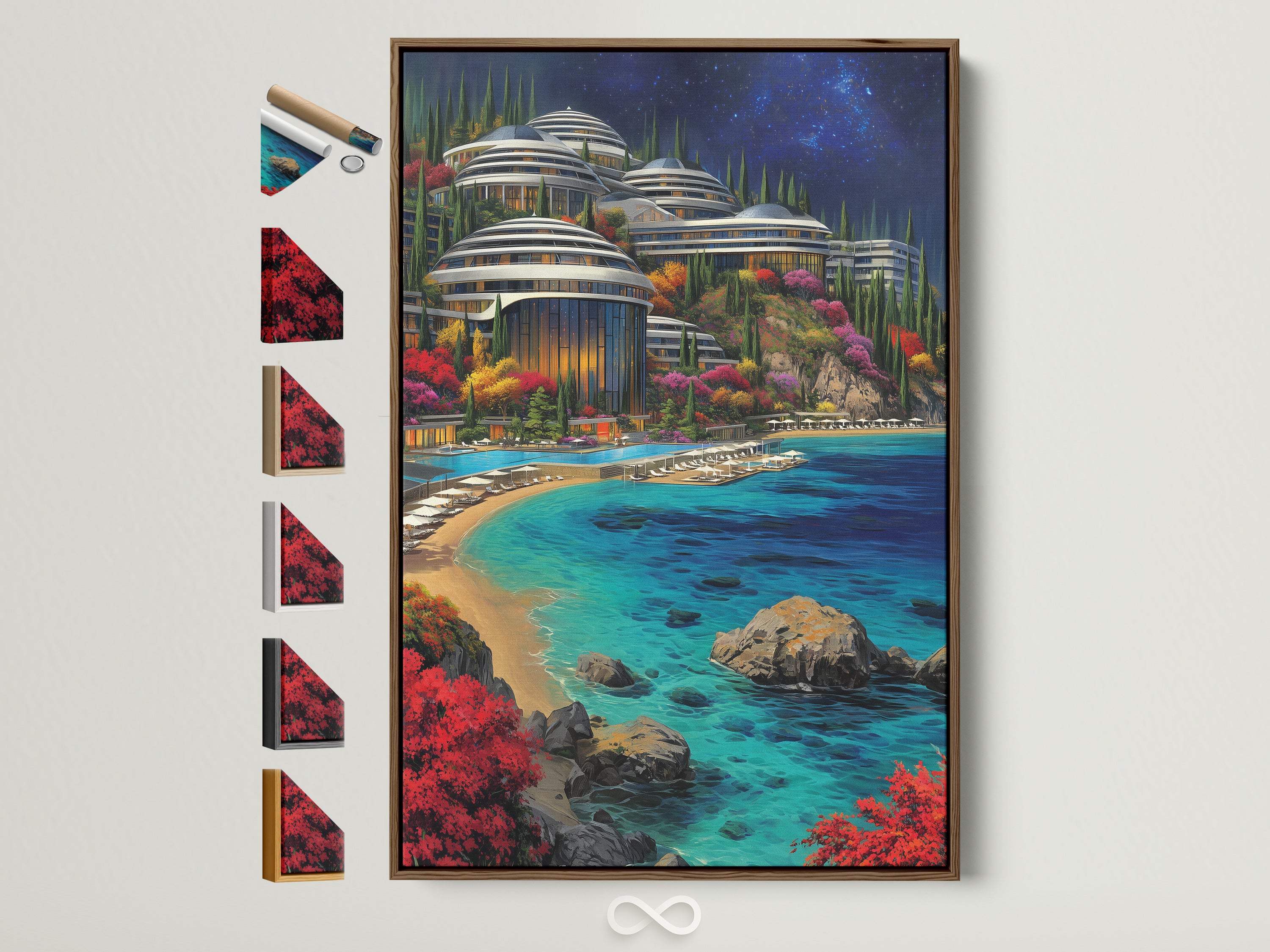 Futuristic Architecture artwork with a turquoise ocean view is showcased in a brown frame. The artwork features a modern coastal cityscape. Explore various frame options available to complement your contemporary decor. Perfect for adding a touch of sci-fi wall art to your space.
