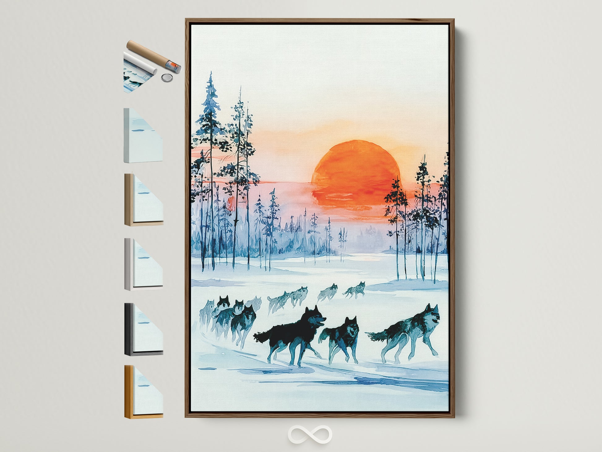 A brown frame displays a winter forest wall art piece. The artwork features a wolf pack in a teal blue landscape. Multiple frame options are visible. Perfect cabin decor or modern home accent.