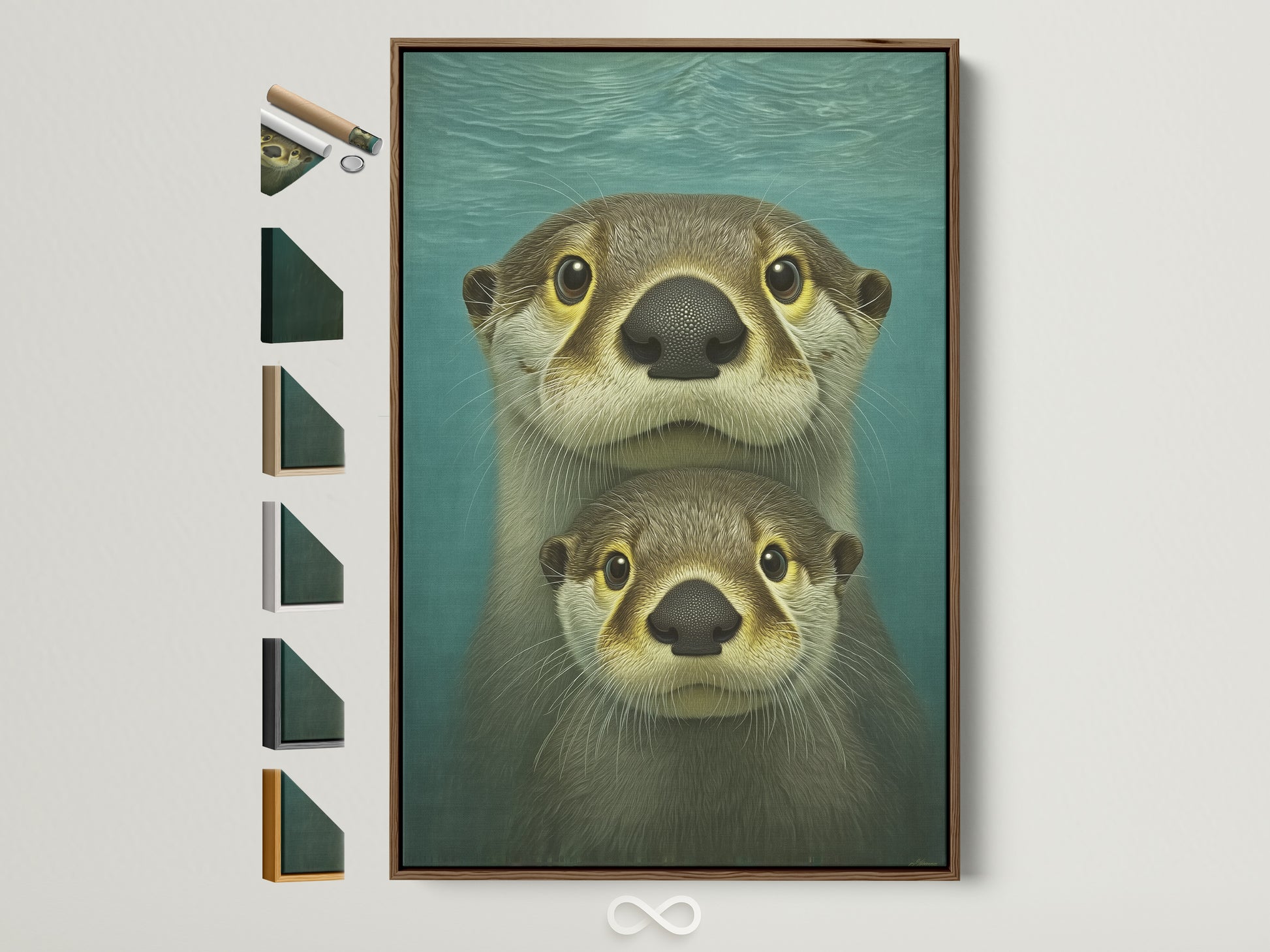 Charming otter family artwork in a brown frame adorns a wall. This cute animal canvas adds a touch of teal blue coastal style to nursery decor. A delightful piece for homeowners renters interior decorators and parents seeking whimsical art.