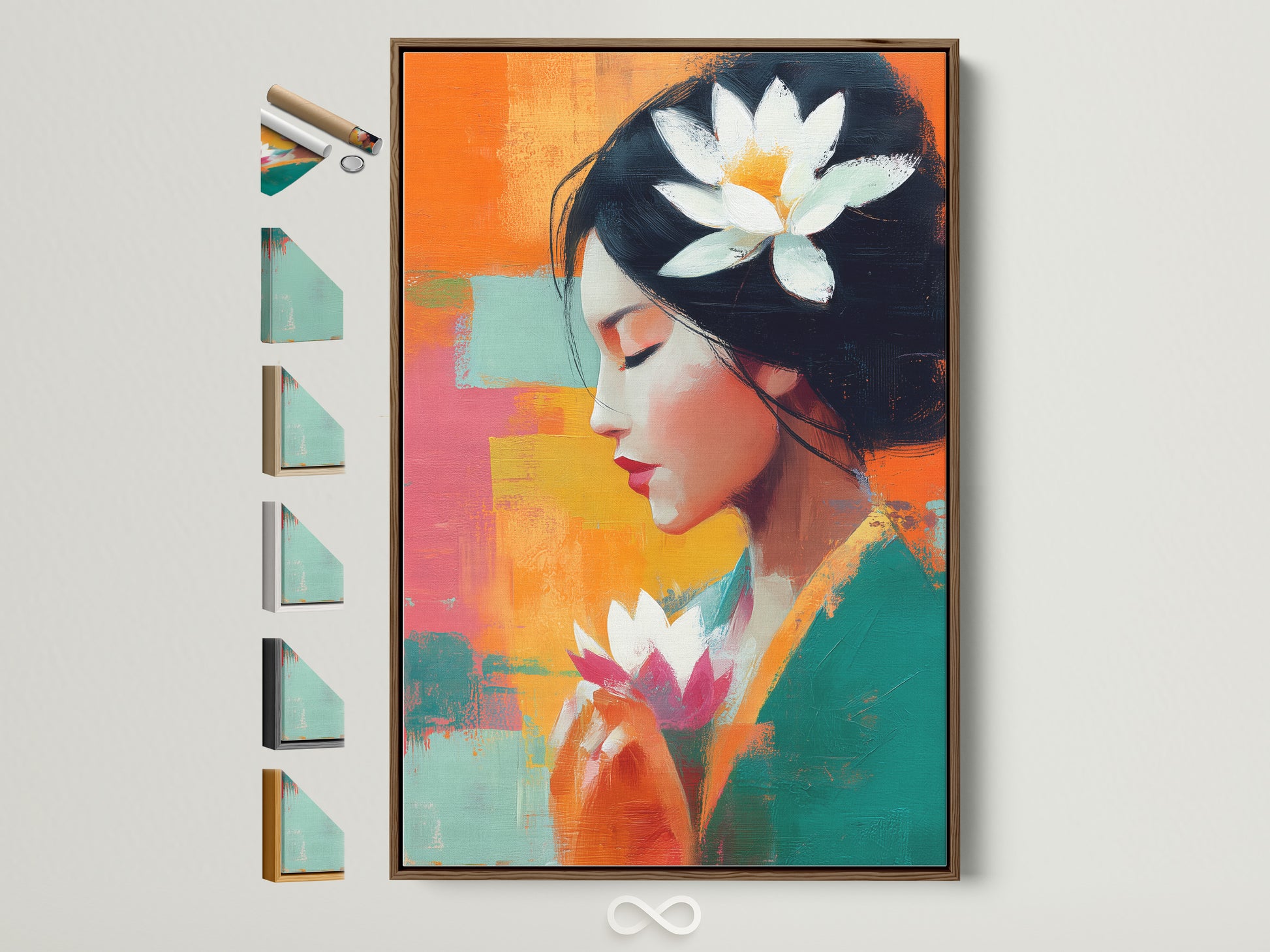 A serene lotus flower woman art print is displayed within a brown frame. Several frame options are presented beside it. This colorful abstract portrait canvas adds zen to any meditation room decor. It is spiritual wall art for mindfulness and peaceful reflection.