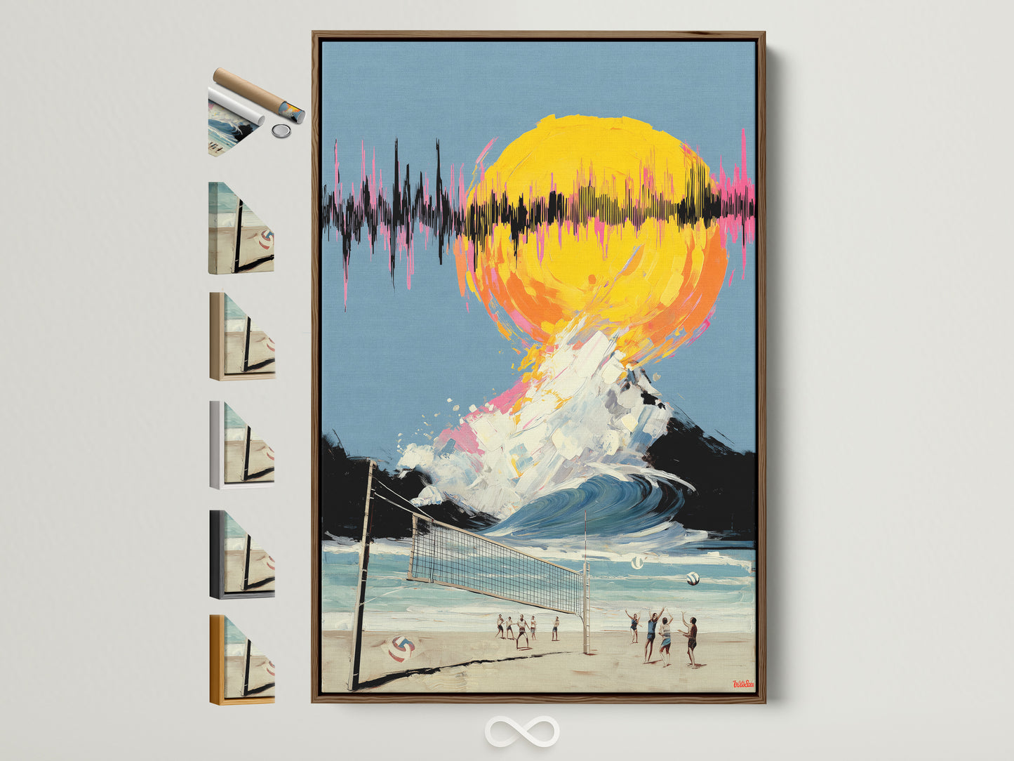Beach Volleyball artwork with a surreal sunset is displayed in a brown frame. The frame options are visible on the side. This coastal art adds a tropical touch to any room. It is perfect for sports fans.