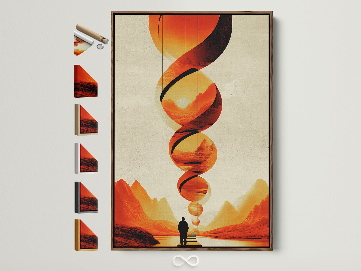 Abstract geometric artwork in a brown frame. The artwork features orange and red hues. Various frame options are displayed on the side. Ideal for modern interiors. This surreal landscape print adds a contemporary touch to any space. Perfect for homeowners and interior designers. Elevate your office or living room with this vibrant art print.