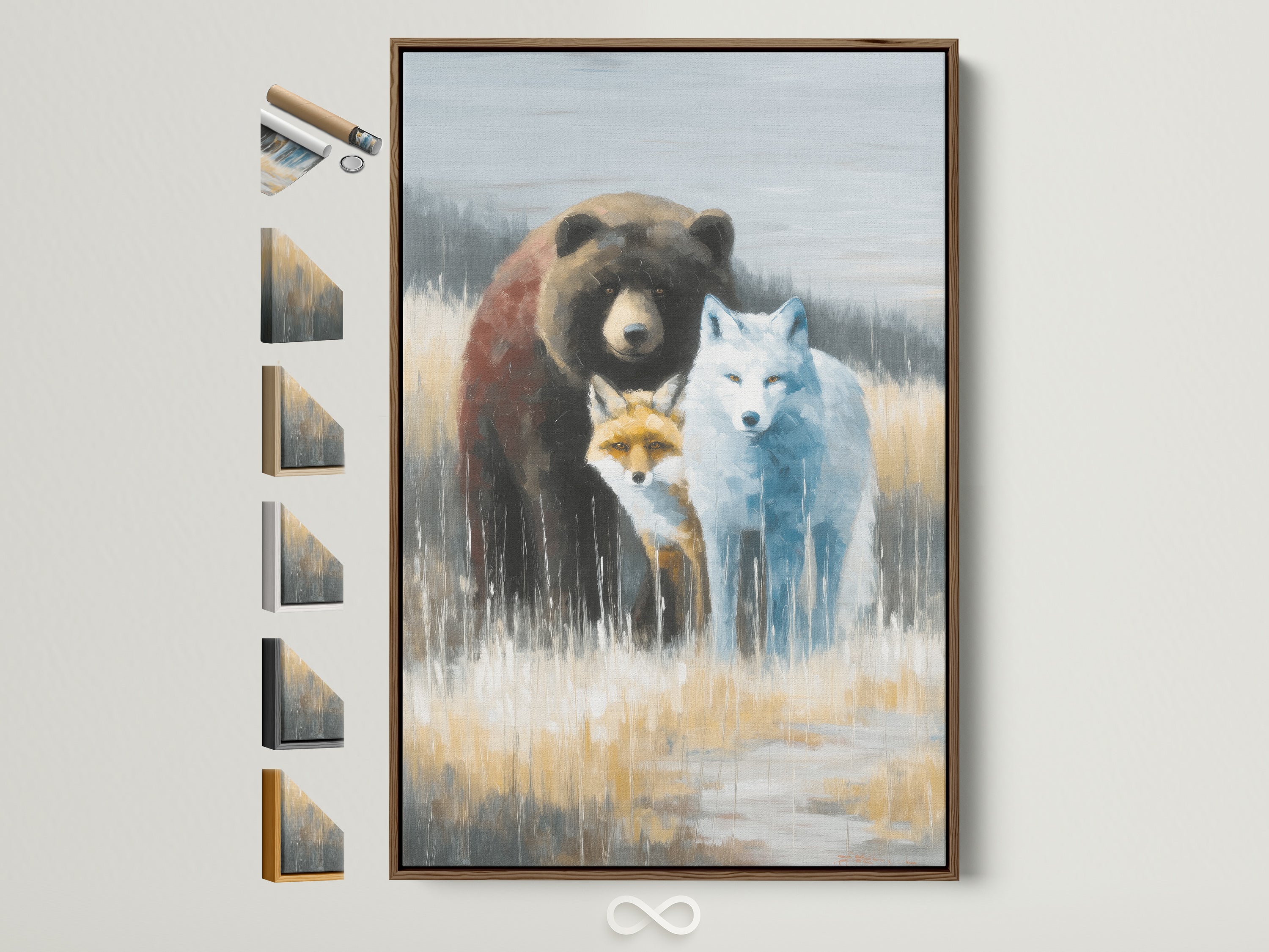 Wildlife Trio artwork in a brown frame. See various frame options available. This animal canvas features a bear fox and wolf. Neutral tone animal artwork is perfect for cabin decor. Ideal for adding rustic charm with unique animal-themed wall art.