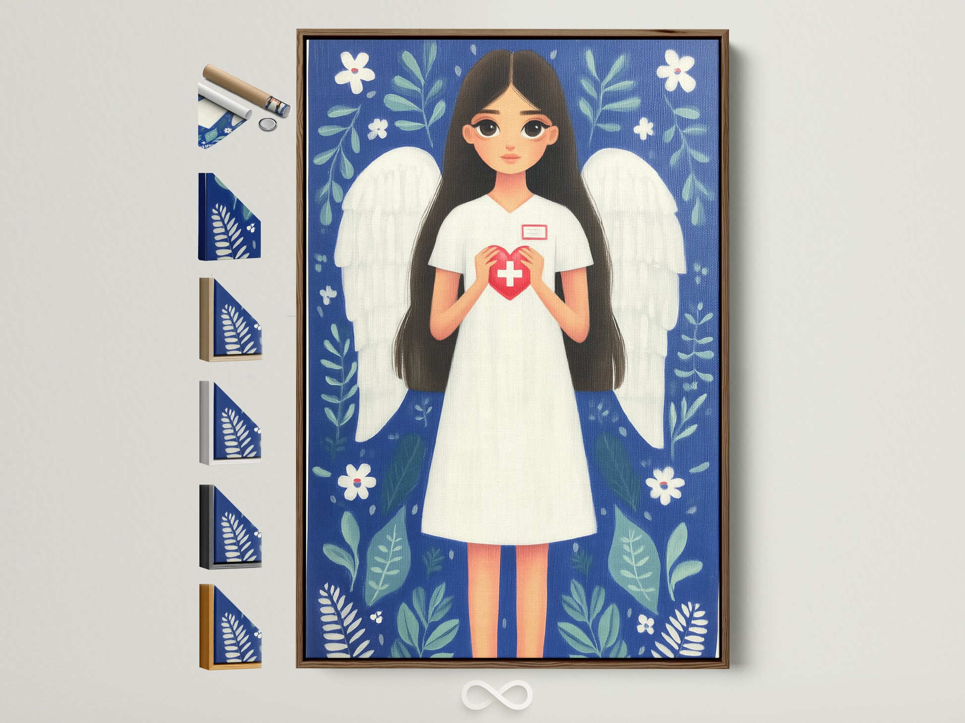 Nurse Angel artwork displayed in a brown frame. This shows all frame color options available for the canvas print. The artwork features a nurse with angel wings holding a heart with a medical cross. This fine art is perfect for medical office decor or as a nurse appreciation gift.