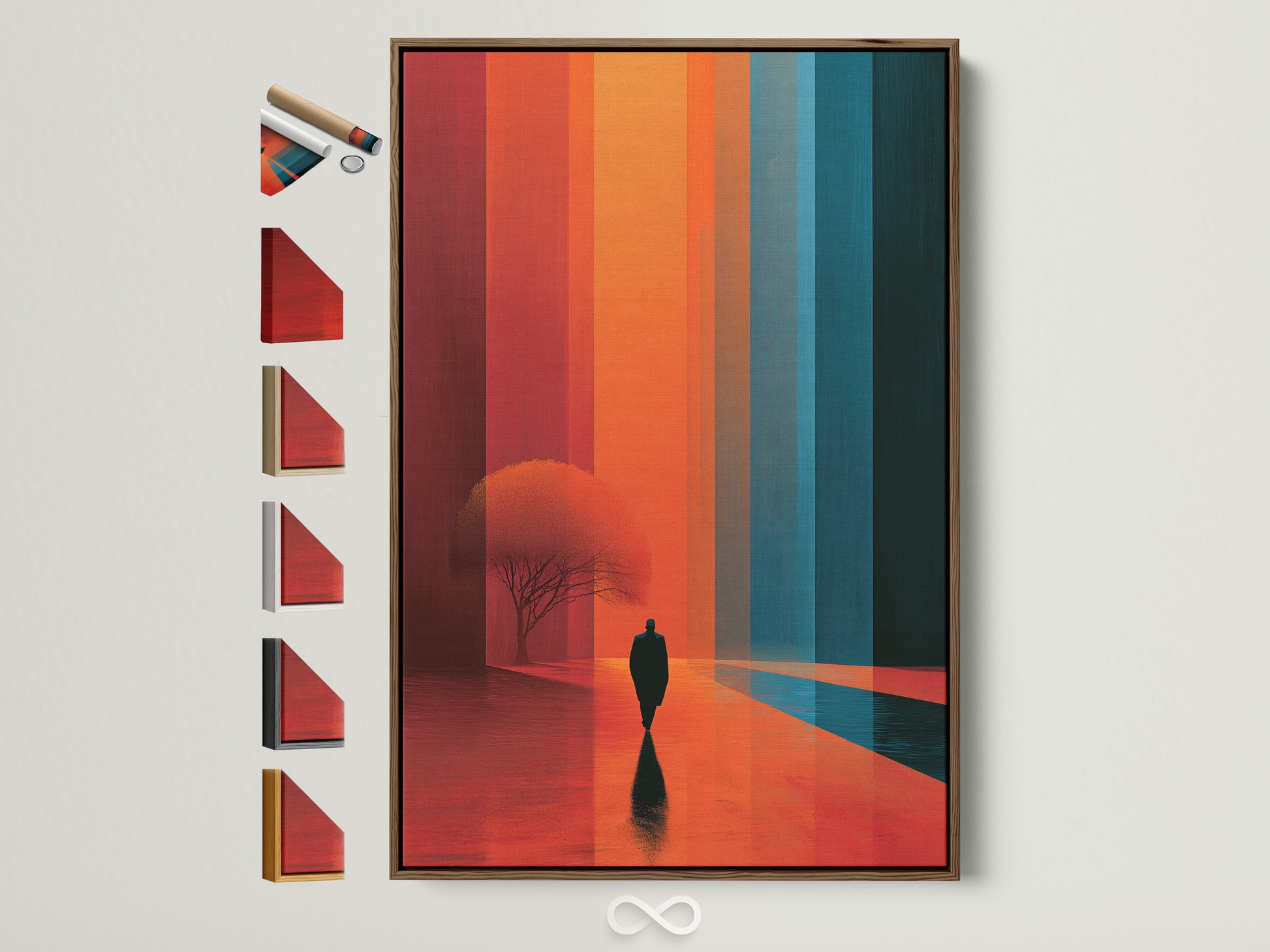 Surreal landscape artwork with a brown frame. See all available framing choices. This modern abstract wall art features a minimalist figure. The artwork showcases orange and teal hues. Perfect for contemporary home decor.