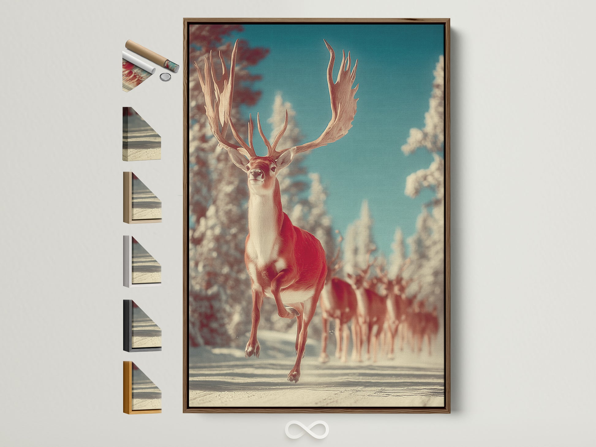 Winter Deer canvas art in a brown frame hangs on a white wall. This Nordic style wall art adds a touch of snowy animal artwork to your cabin decor. Frame options are displayed. Perfect rustic artwork for homeowners and business owners.