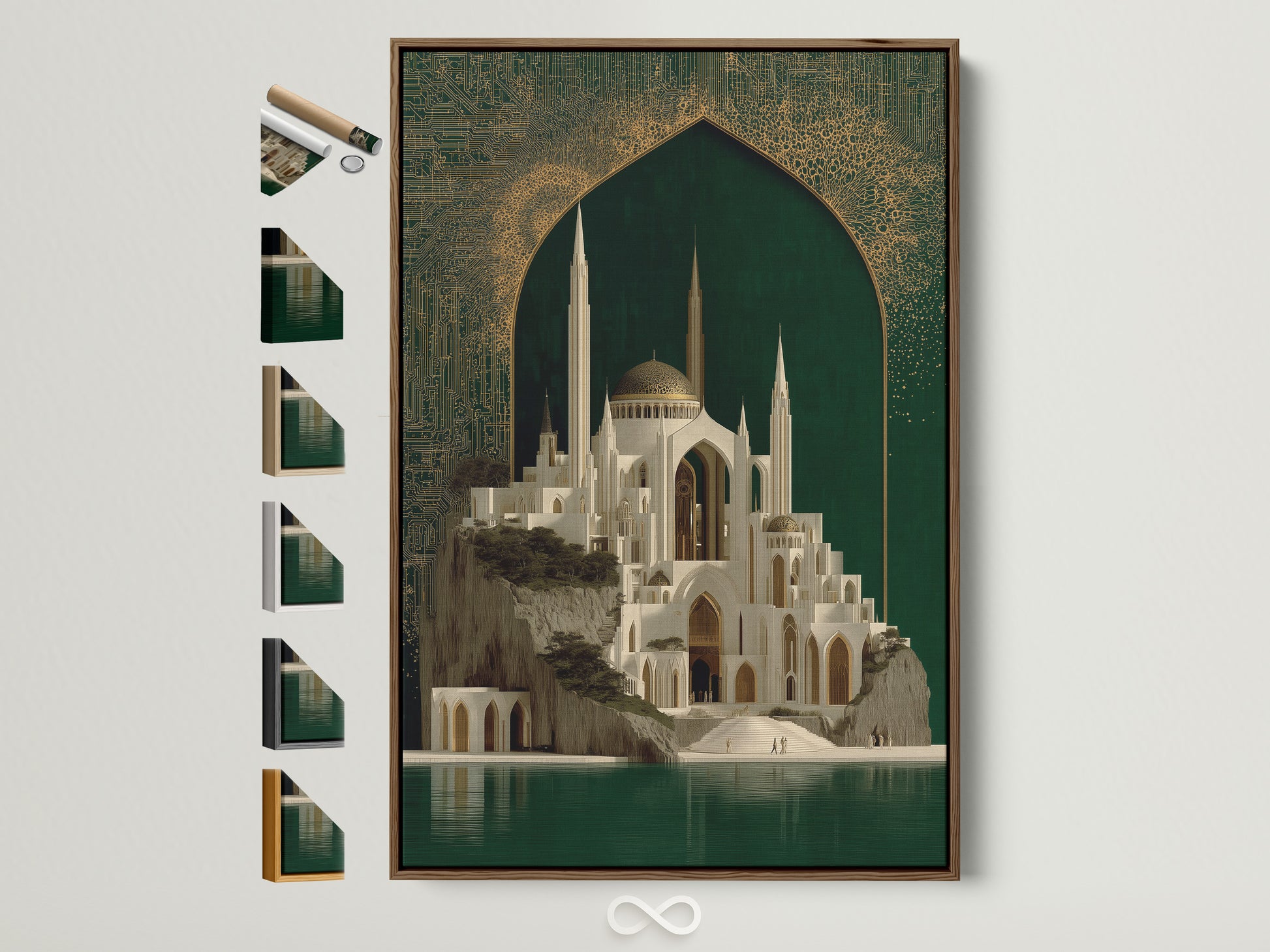 A framed Islamic Architecture Canvas Artwork with a brown frame is displayed. The artwork showcases a beautiful mosque with emerald green and gold accents. Frame options are visible. Perfect for adding cultural elegance to any room. Find the ideal frame to complement your islamic art print and home decor.