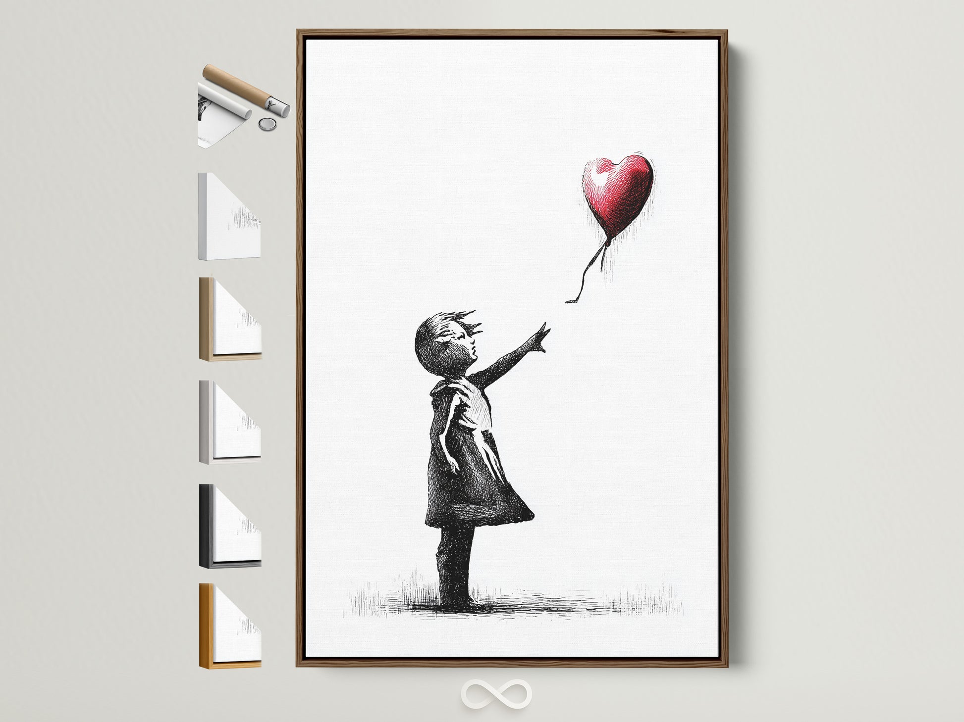 Explore framed art prints. This image showcases a Banksy-inspired piece with a girl reaching for a heart-shaped balloon. This artwork is displayed in a brown frame. Discover various frame options to perfectly match your style. Elevate your home decor with our unique framed artwork.