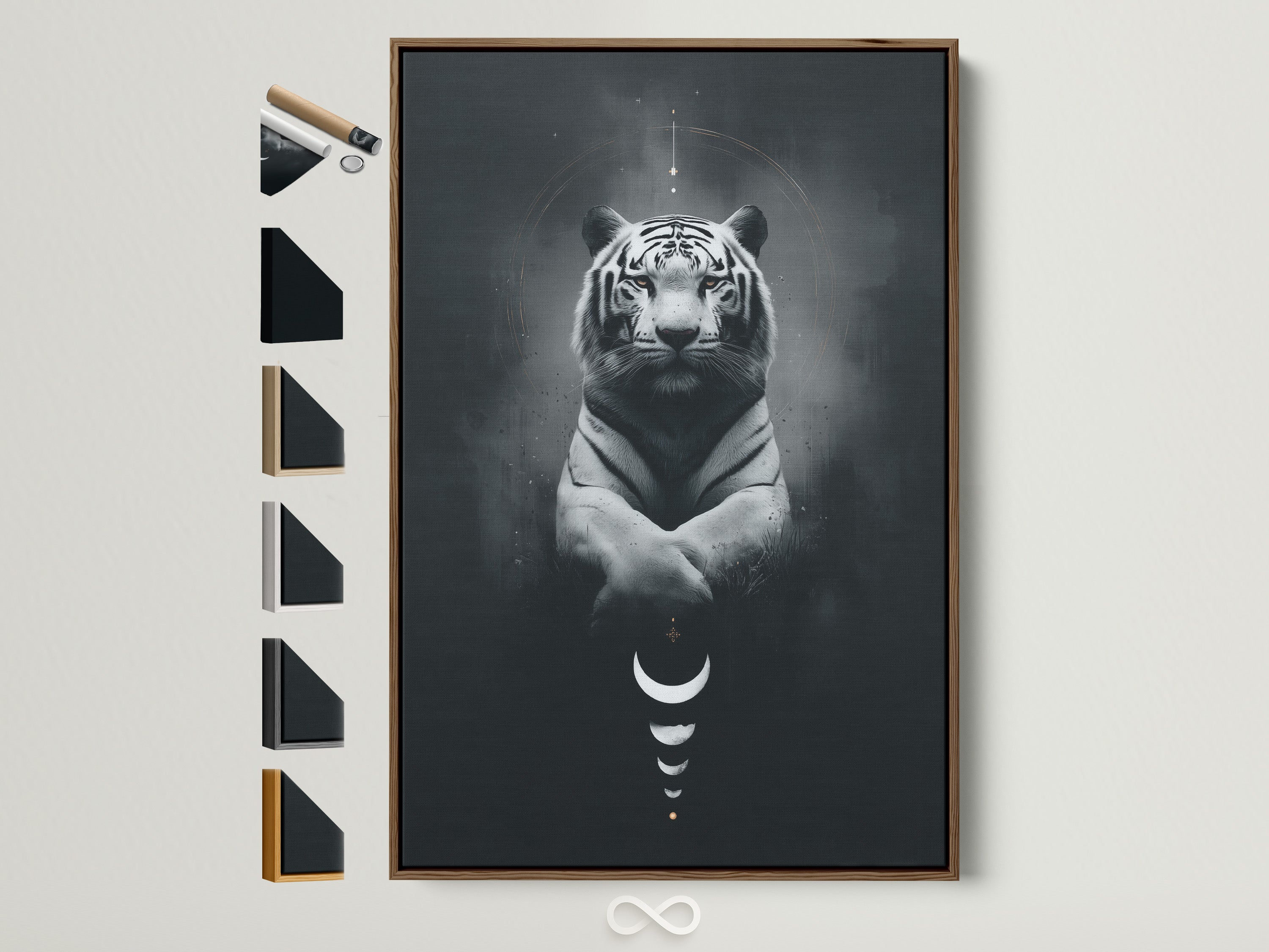 Elevate your space with mystical tiger art. This canvas print features a celestial animal with moon phases. It is framed in a brown frame. See all frame options available. Perfect spiritual decor for bedroom wall art or any modern space.
