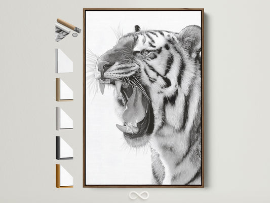 Brown frame with all frame options displayed on the side. A majestic tiger art print is showcased. The art print is framed in a warm brown tone. This adds a touch of sophistication to any room. Explore our range of frame styles to enhance your artwork.