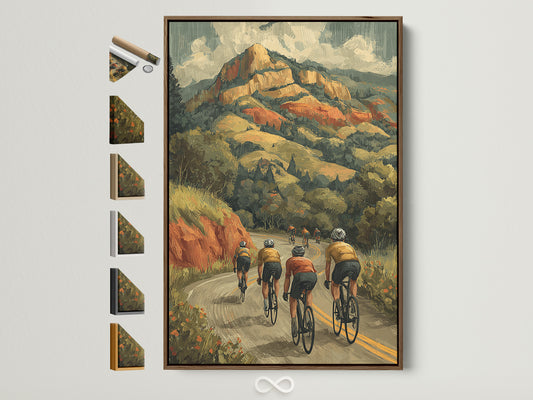 Cycling wall art with a brown frame. The artwork features cyclists riding up a mountain road. This vintage mountain bike print adds retro charm to any space. Perfect for home or office decor. Explore our cycling wall art options