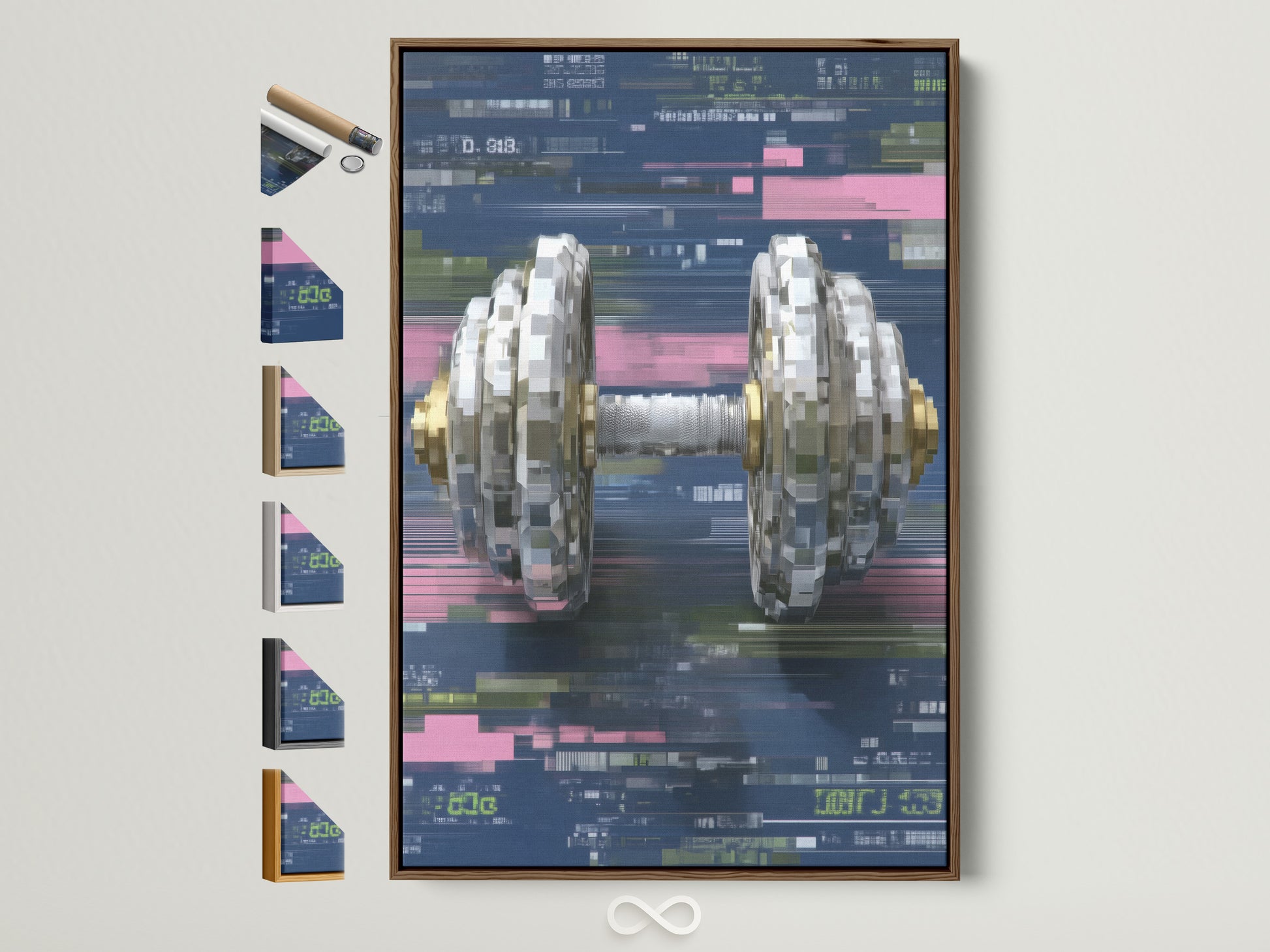 Digital Glitch Dumbbell Art in a brown frame. This cyberpunk fitness wall art features pixel distortion. The artwork is displayed with all frame options on the side. Perfect home gym decor.