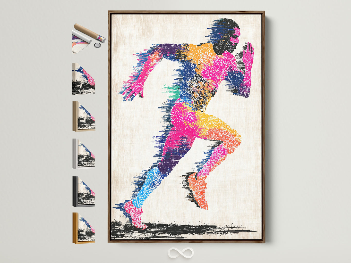 Artwork in a brown frame is displayed. All frame options are visible on the side. The artwork features a colorful abstract figure of a runner. The runner is depicted in motion. The art adds a modern touch to the room.