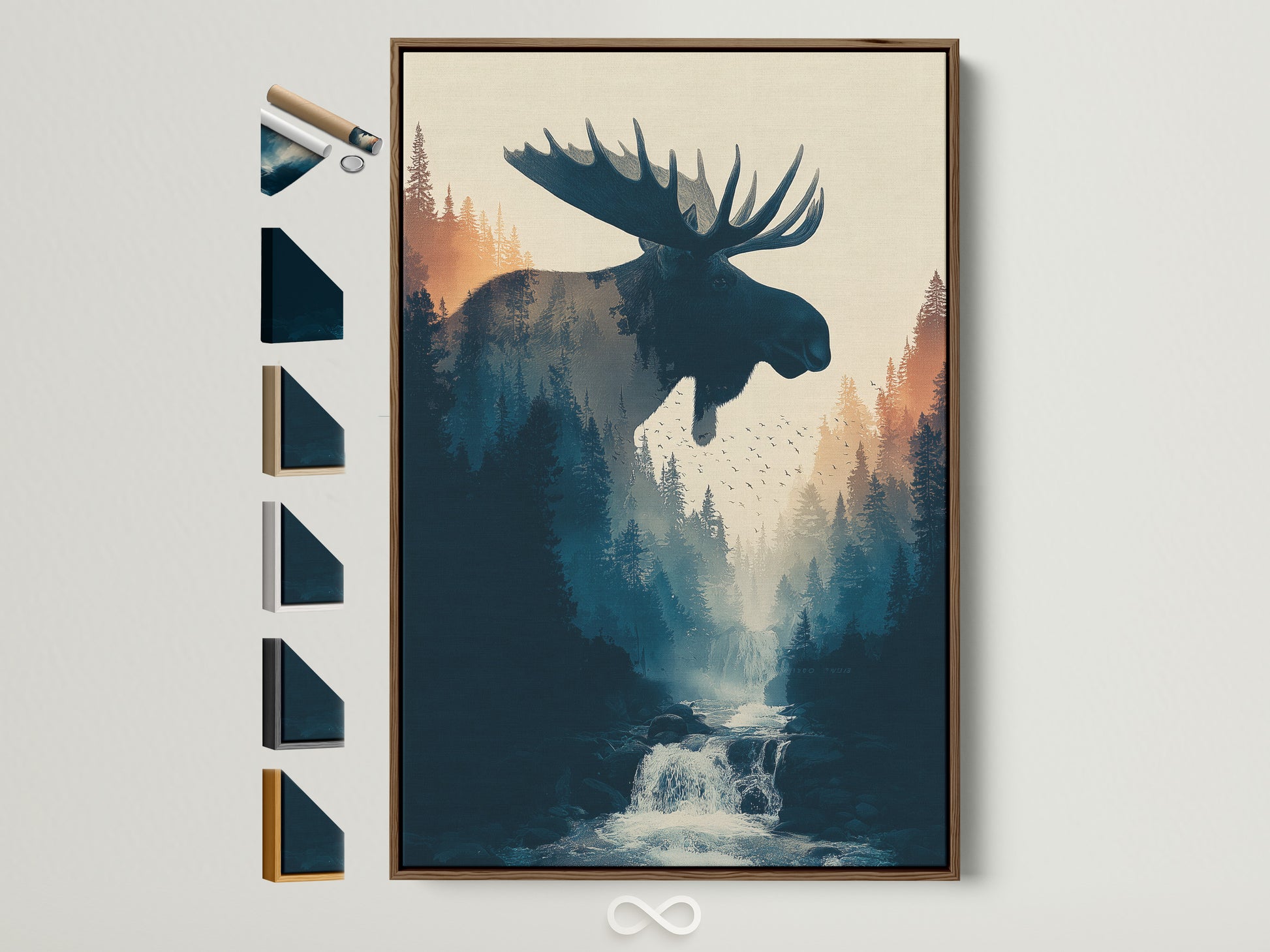 Explore our artwork framing options. A brown frame showcases various frame styles. View our art prints in different frame choices. Find the perfect frame to complement your artwork. Customize your art to match your unique style.