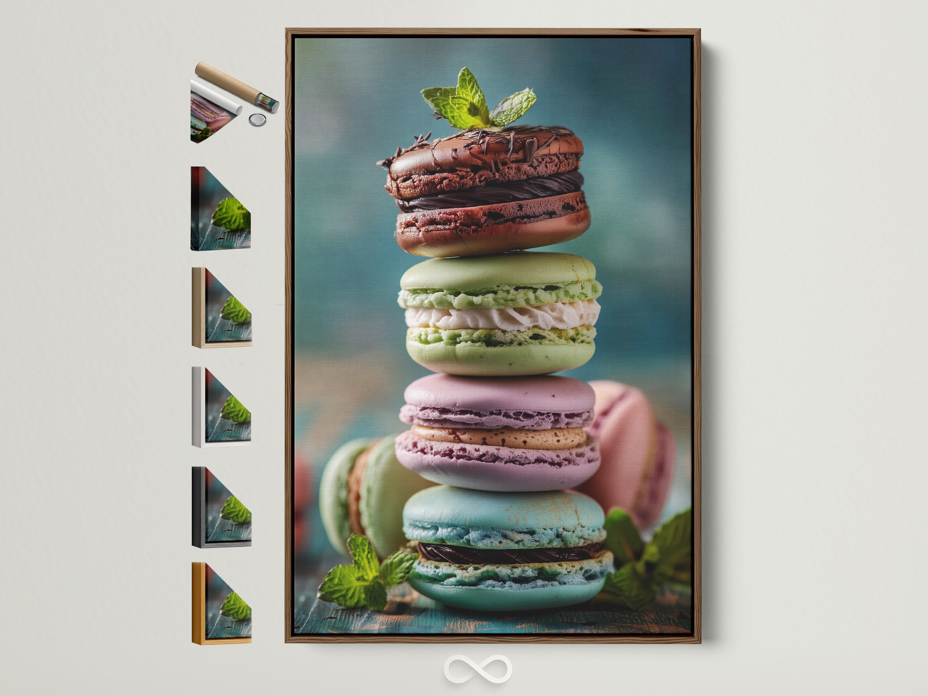 A stack of colorful macarons topped with mint leaves is displayed in a brown frame. The frame options are visible on the side showcasing available choices. This artwork adds a touch of sweetness and elegance to any room. Explore framing options to enhance your space.