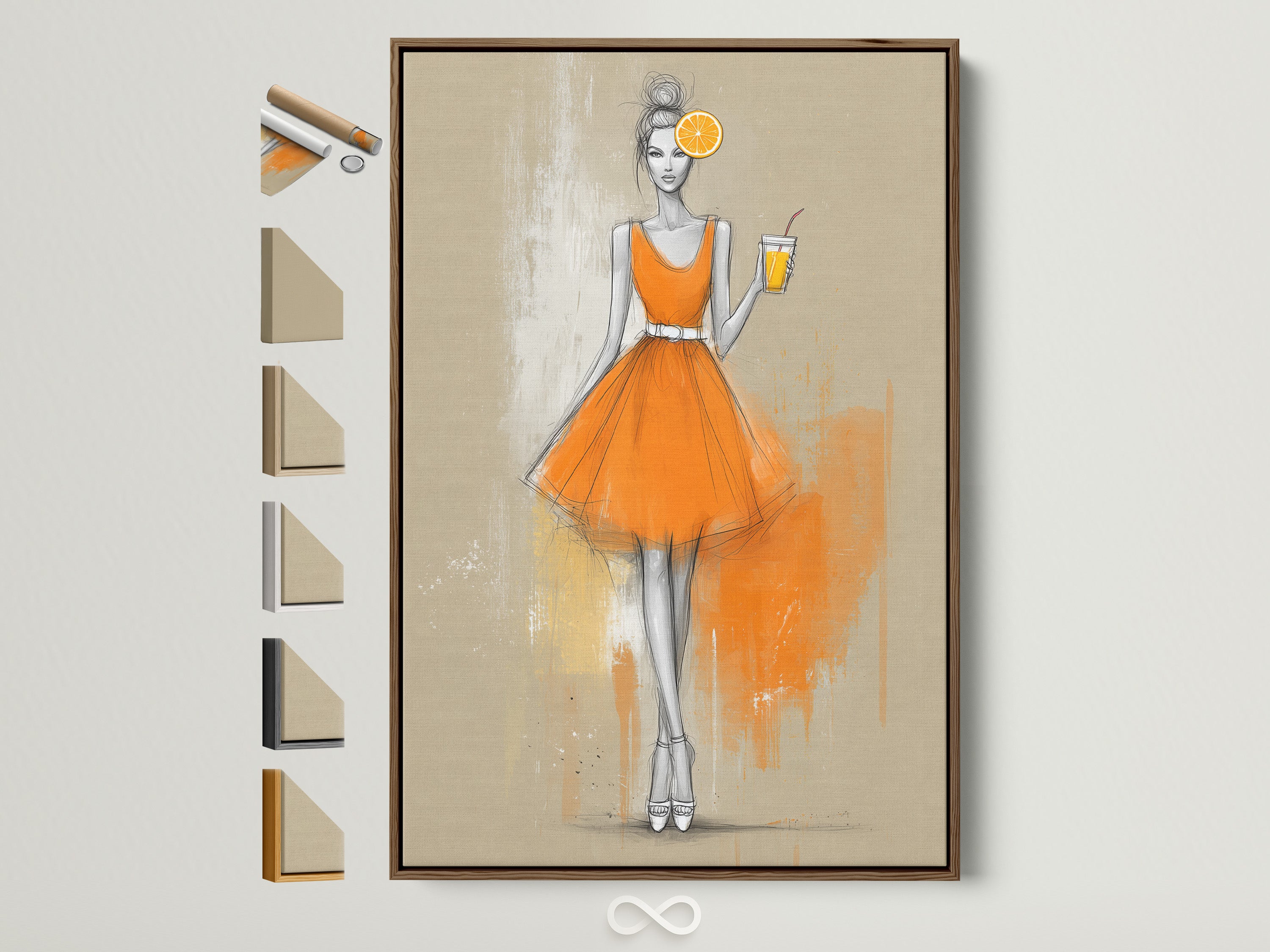 Fashion Illustration Canvas Print displayed in a brown frame. Discover a range of frame options to perfectly complement your artwork. Explore our selection and find the ideal frame to enhance your bedroom wall decor or boutique.