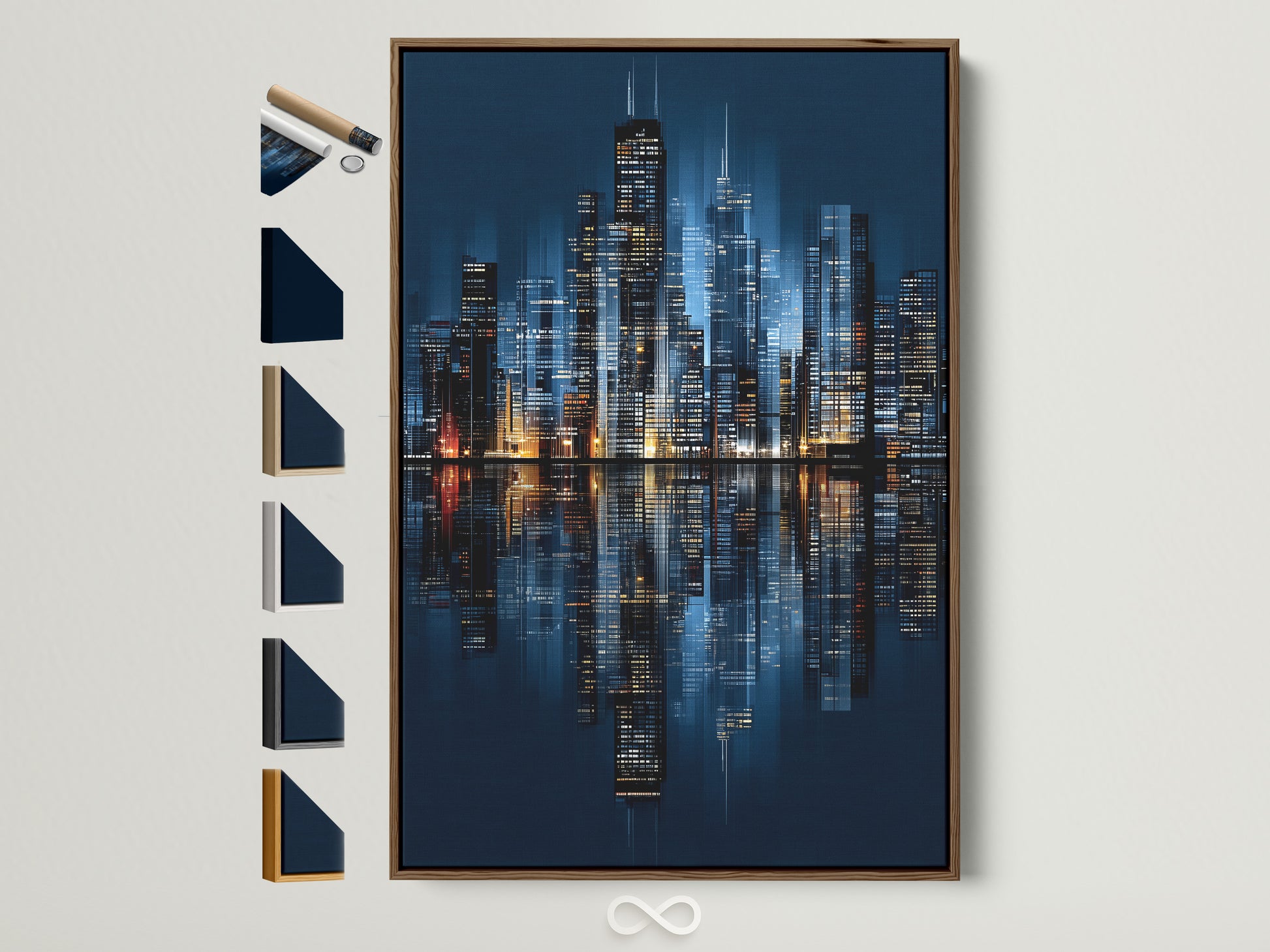 Explore frame options with this Chicago skyline canvas print. See the brown frame alongside white black and gold choices. Find the perfect frame to match your decor and elevate your urban wall art.
