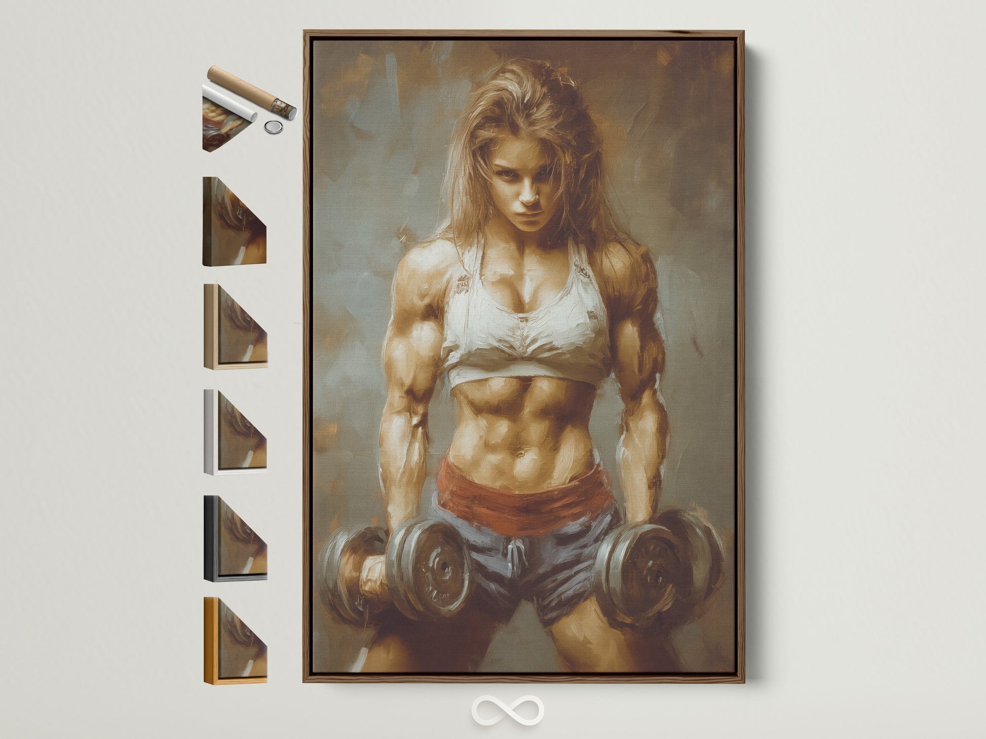Brown frame artwork of a strong woman canvas print. The fitness motivation wall art showcases a female bodybuilder. View all frame options. Perfect home gym decor. Elevate your workout space with this inspiring piece.