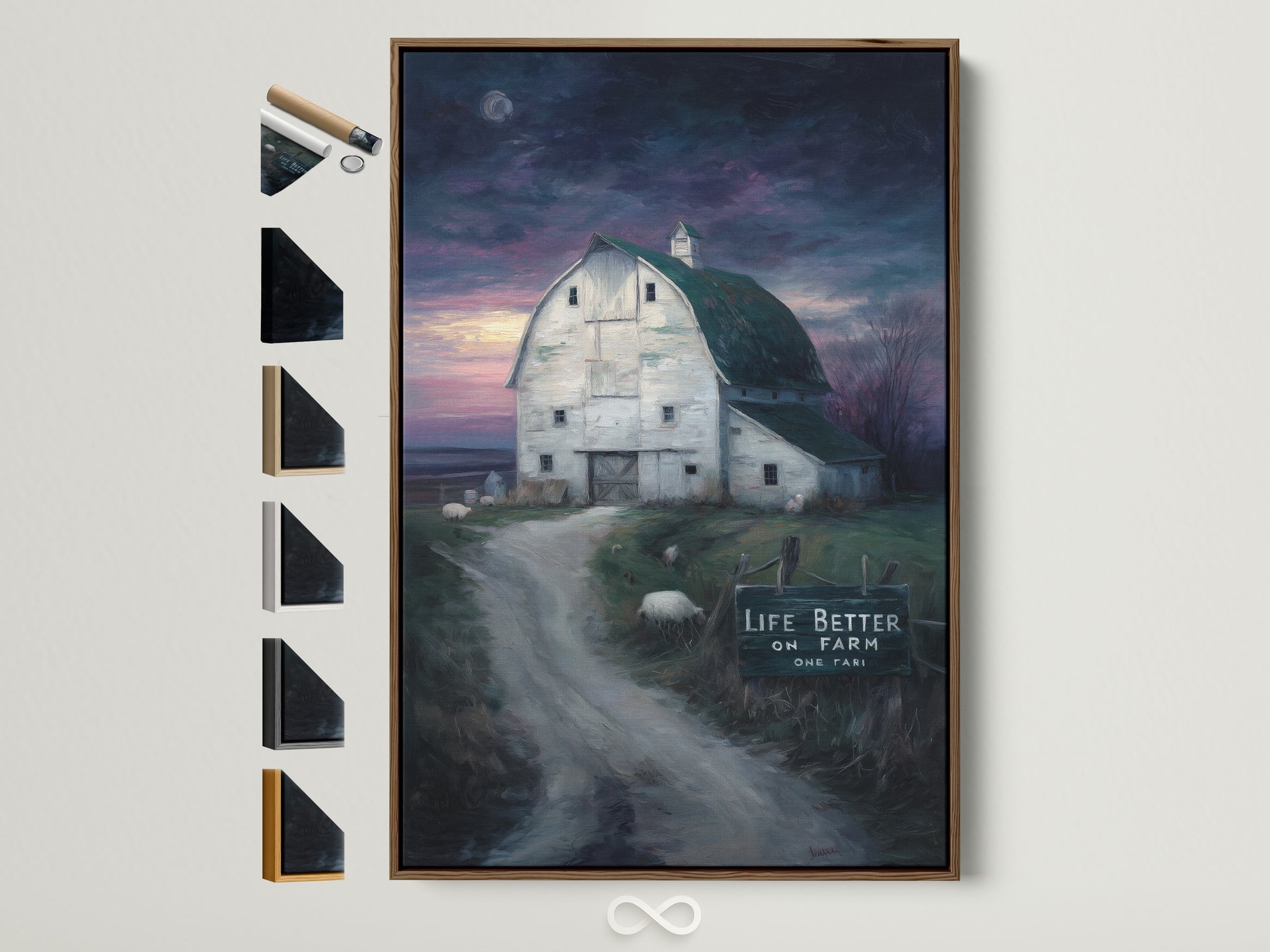 Framed farmhouse canvas print showcasing available frame options. The rustic barn wall art features a brown frame. See all frame choices for your country landscape artwork. Ideal kitchen art to bring rural artwork into your country home. A perfect gift for the farmer who appreciates farm painting.