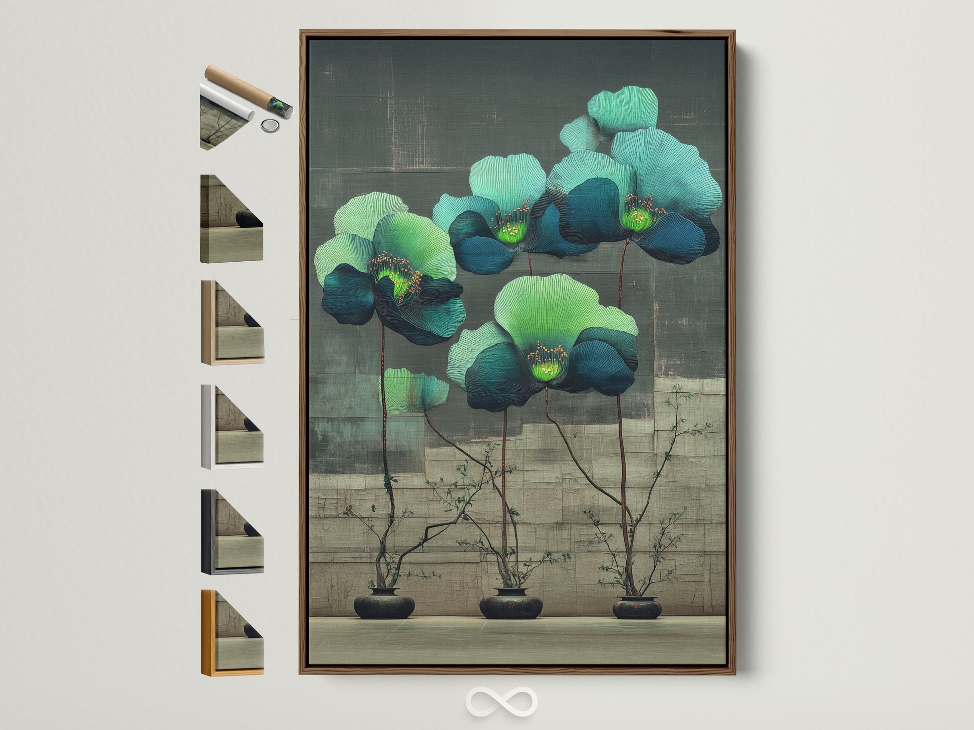 Modern floral botanical artwork with teal and green flowers displayed in a brown frame. This framed art option gives you an idea of how your artwork will look. Many frame options are available to match any decor.