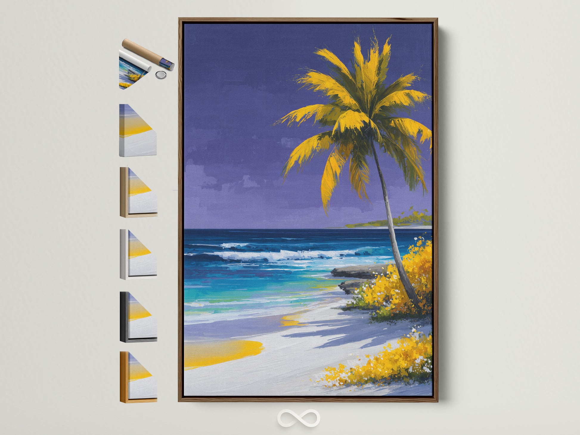 Tropical beach artwork in a brown frame hangs on a white wall. See all frame options available. This coastal paradise artwork features a palm tree ocean scene. Perfect for adding a beachy touch to your home decor.
