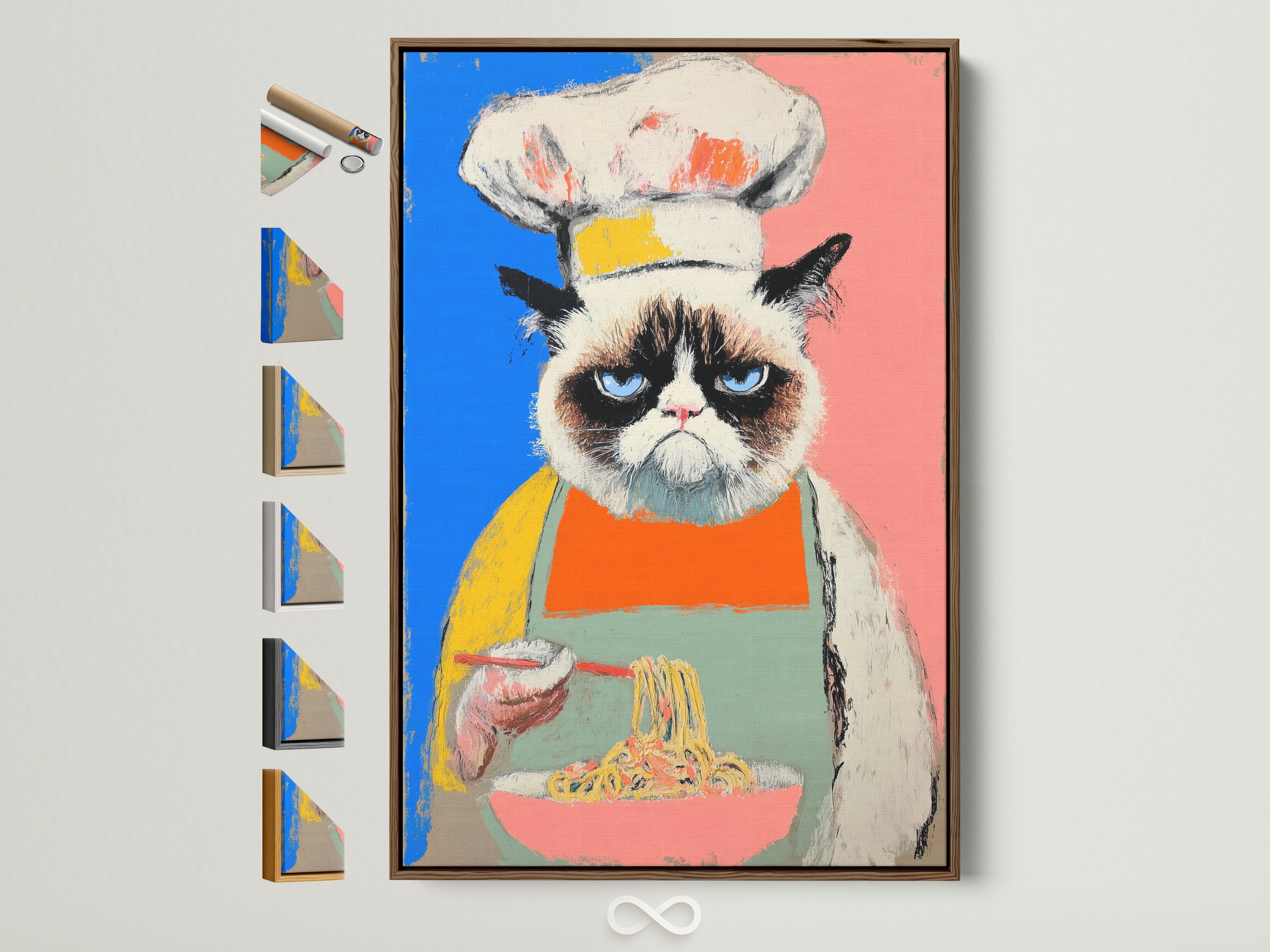 Chef Cat Wall Art is a funny kitchen artwork. See all frame options on the side. The cat is wearing a chef's hat and apron. It is the perfect colorful pop art poster for a dining room.