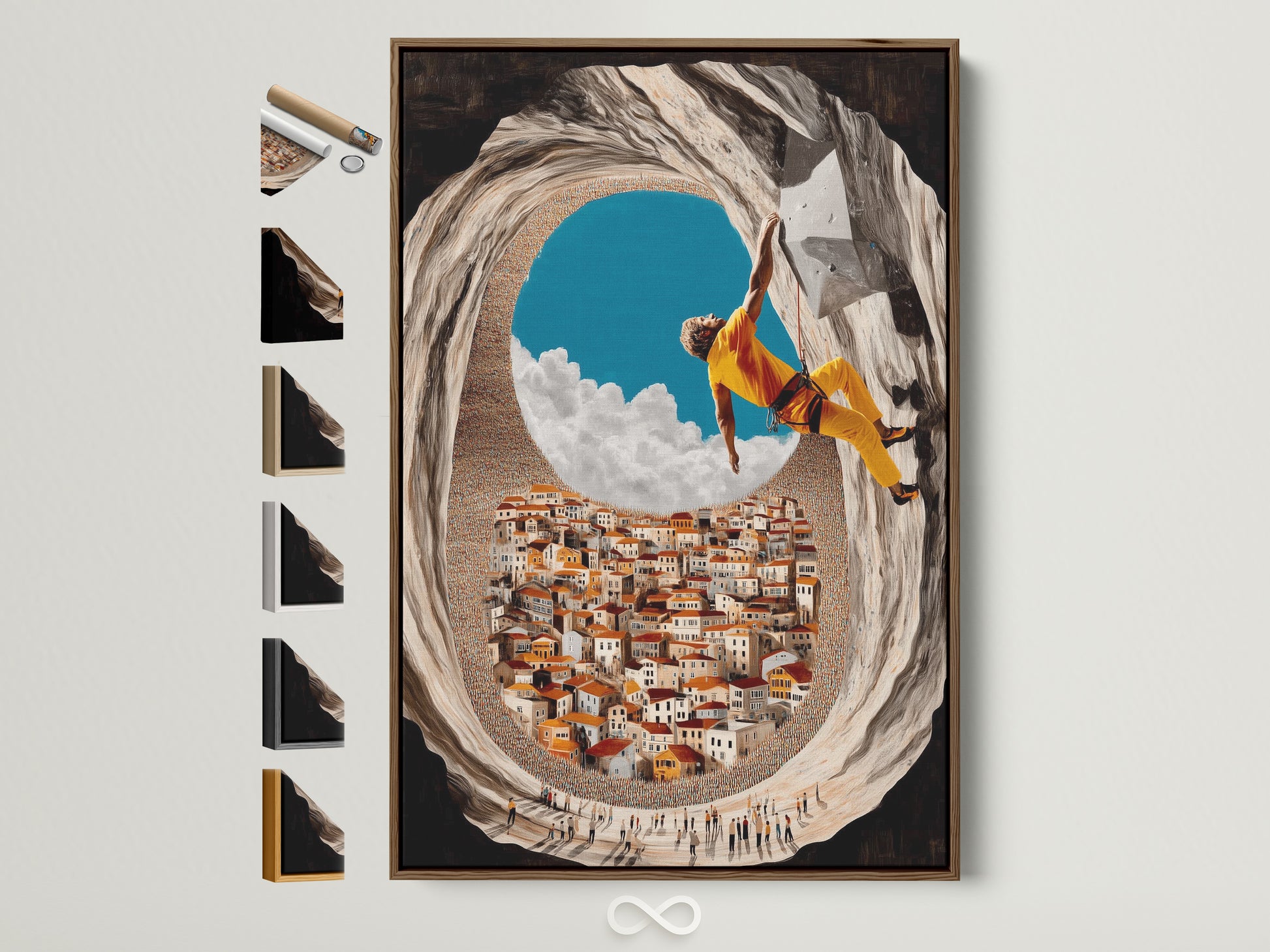 Brown frame artwork shows all available frame options. Perfect adventure wall art for sports lovers. Office wall art featuring a rock climber above a Mediterranean village. Upgrade your space with this motivational climbing wall decor.