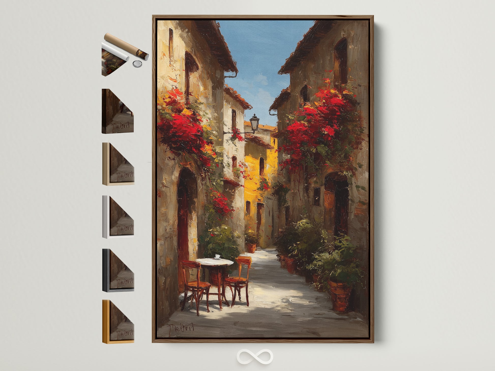 Brown frame artwork. All frame options are displayed on the side. The art depicts a charming Italian street scene with red flowers. A table and chairs sit invitingly in the foreground. The artwork is framed and hung on a white wall. The lighting highlights the texture of the art.