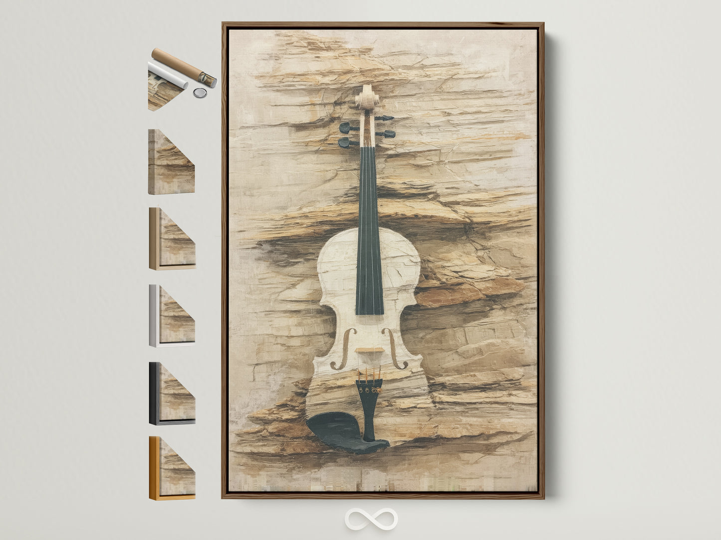 Explore frame options for vintage violin art. See a brown frame showcasing neutral tone musical instrument artwork. View other frame styles available. Perfect rustic artwork for any music room decor.