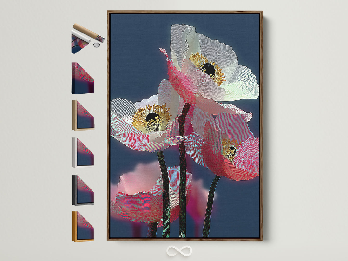 Framed pink poppy artwork with a brown frame hangs on a white wall. See all available frame options. This modern floral wall art is perfect for bedroom decor or any contemporary space. The artwork features a pink flower print. It's a beautiful botanical artwork.