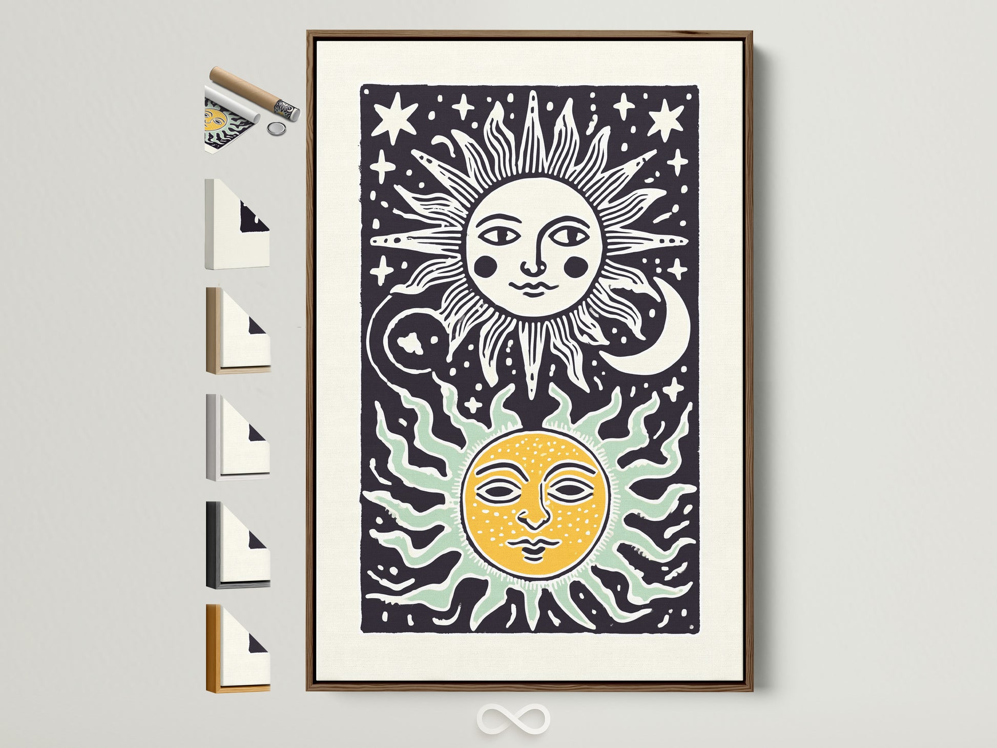 Brown frame displays sun and moon art. The artwork features celestial bodies. Stars and cosmic elements add to the charm. Frame options are visible. The artwork is displayed on a wall. Natural light enhances the art.