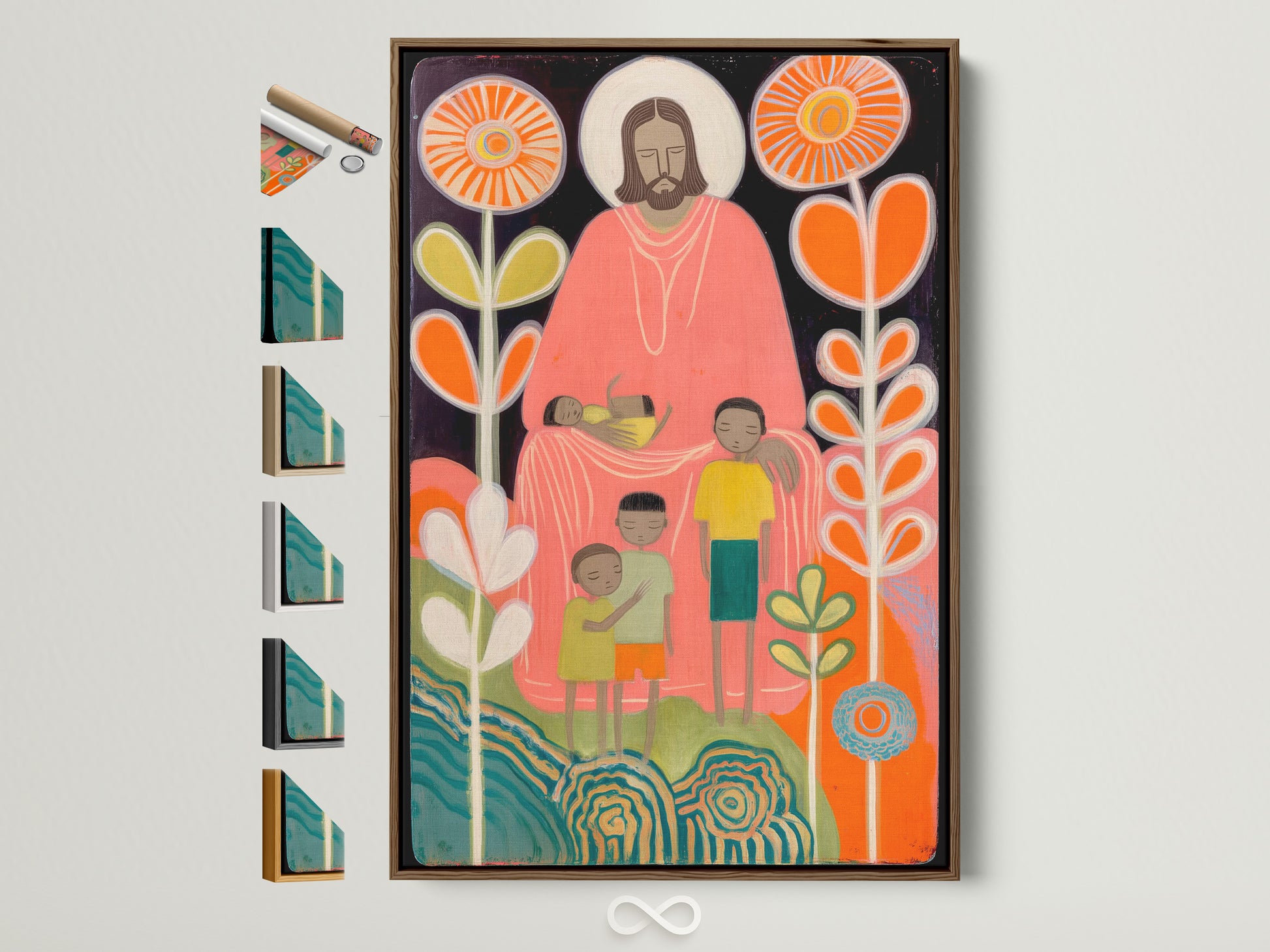 A framed artwork hangs on a white wall. The art features a figure surrounded by children and vibrant flowers. A brown frame surrounds the piece. Frame options are displayed on the side. This artwork would look great in any room.