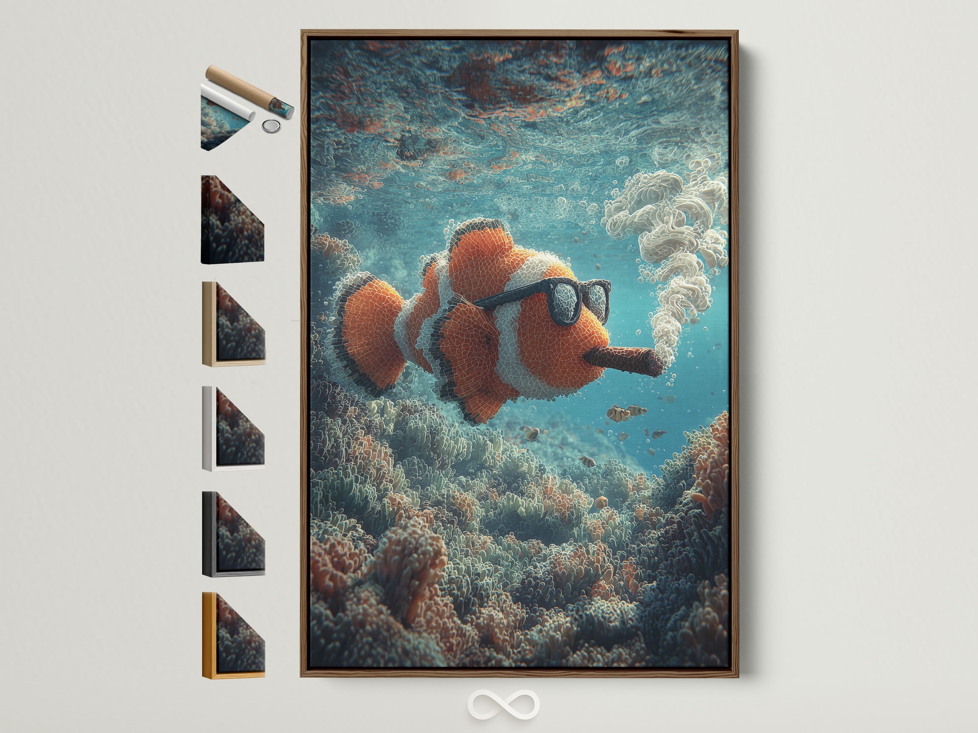 Brown frame featuring all frame options on the side. This art piece showcases a clownfish. The clownfish is depicted smoking a cigar underwater. This artwork adds a touch of humor to any room. Perfect for ocean lovers and art collectors alike