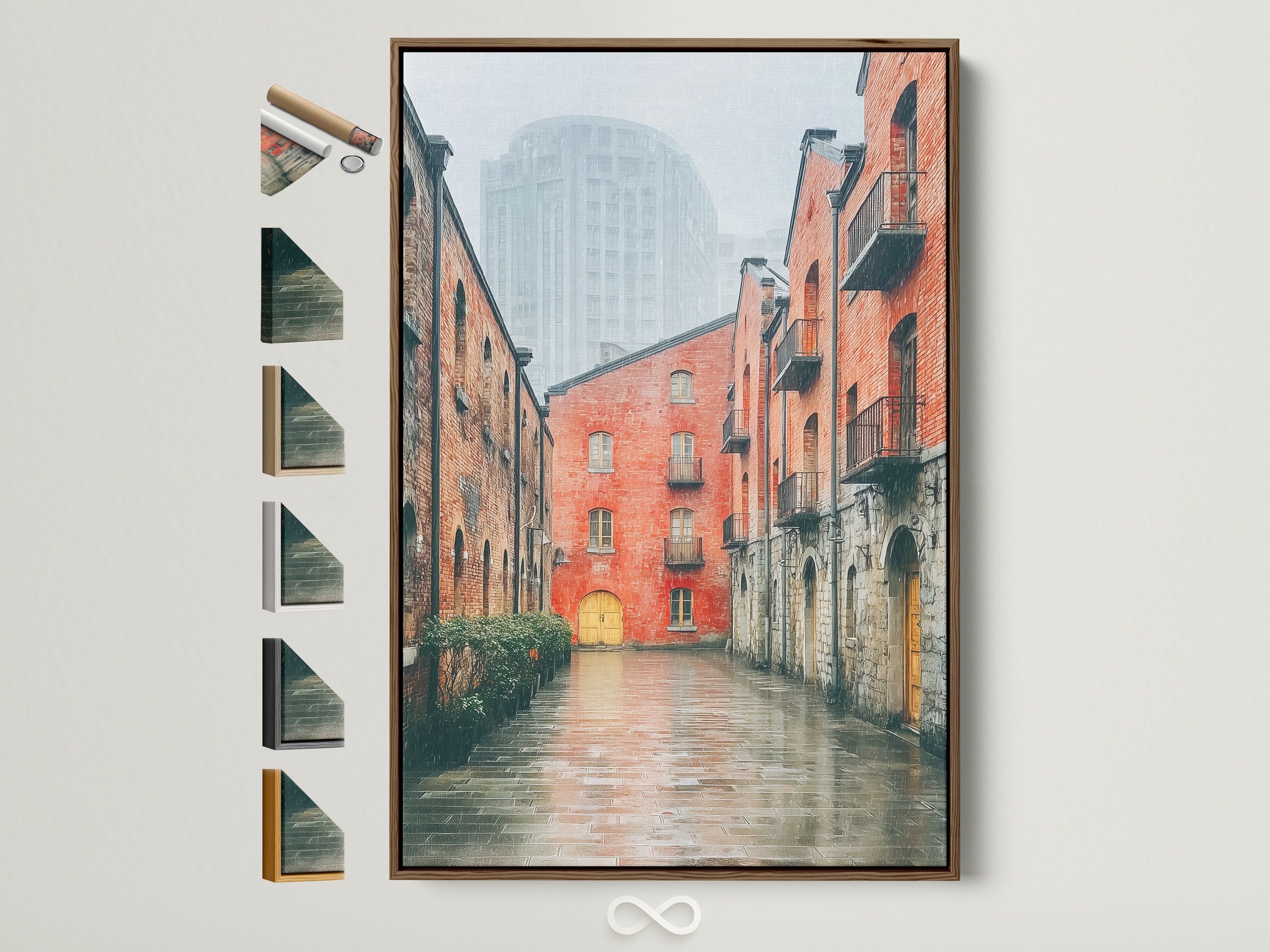 Brick Building Canvas Print features a brown frame with various frame options displayed. This industrial cityscape wall art showcases urban architecture perfect for office decor. View the art in different frames.