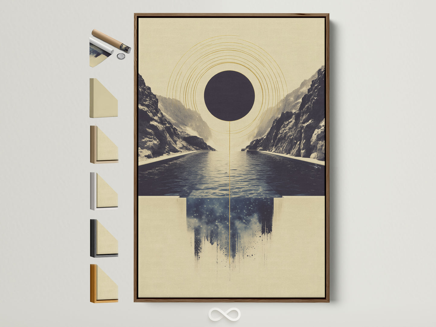 Abstract Infinity Pool artwork in a brown frame. This geometric seascape wall art features a minimalist print. You can see all available frame options displayed on the side. Perfect for modern office decor. The serene artwork adds a calming touch to any space.
