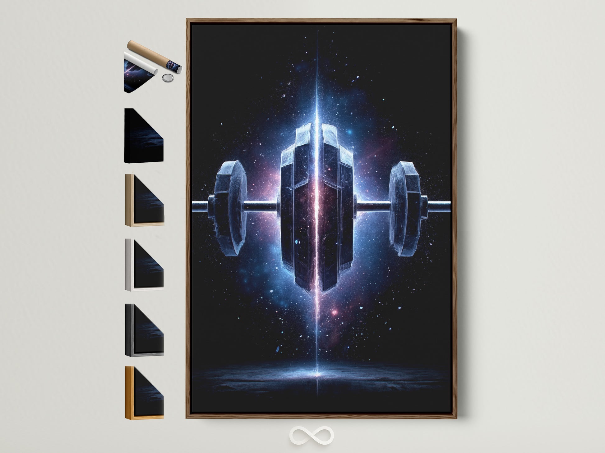 Cosmic Dumbbell art print displayed in a brown frame. This galaxy fitness wall art brings a modern style to any workout space. See all our frame options available for your space gym canvas print. Motivational workout art that inspires.