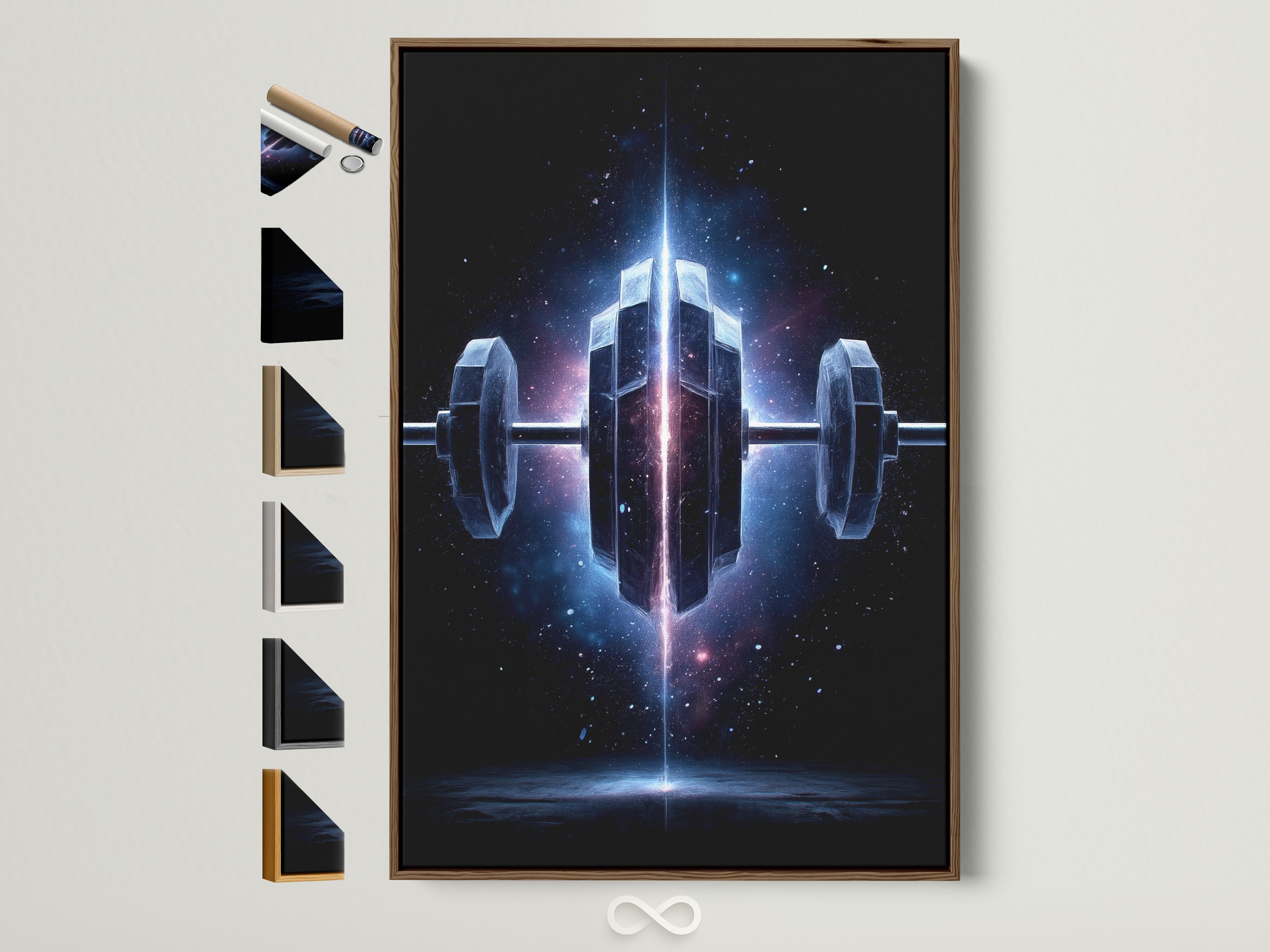 Cosmic Dumbbell art print displayed in a brown frame. This galaxy fitness wall art brings a modern style to any workout space. See all our frame options available for your space gym canvas print. Motivational workout art that inspires.