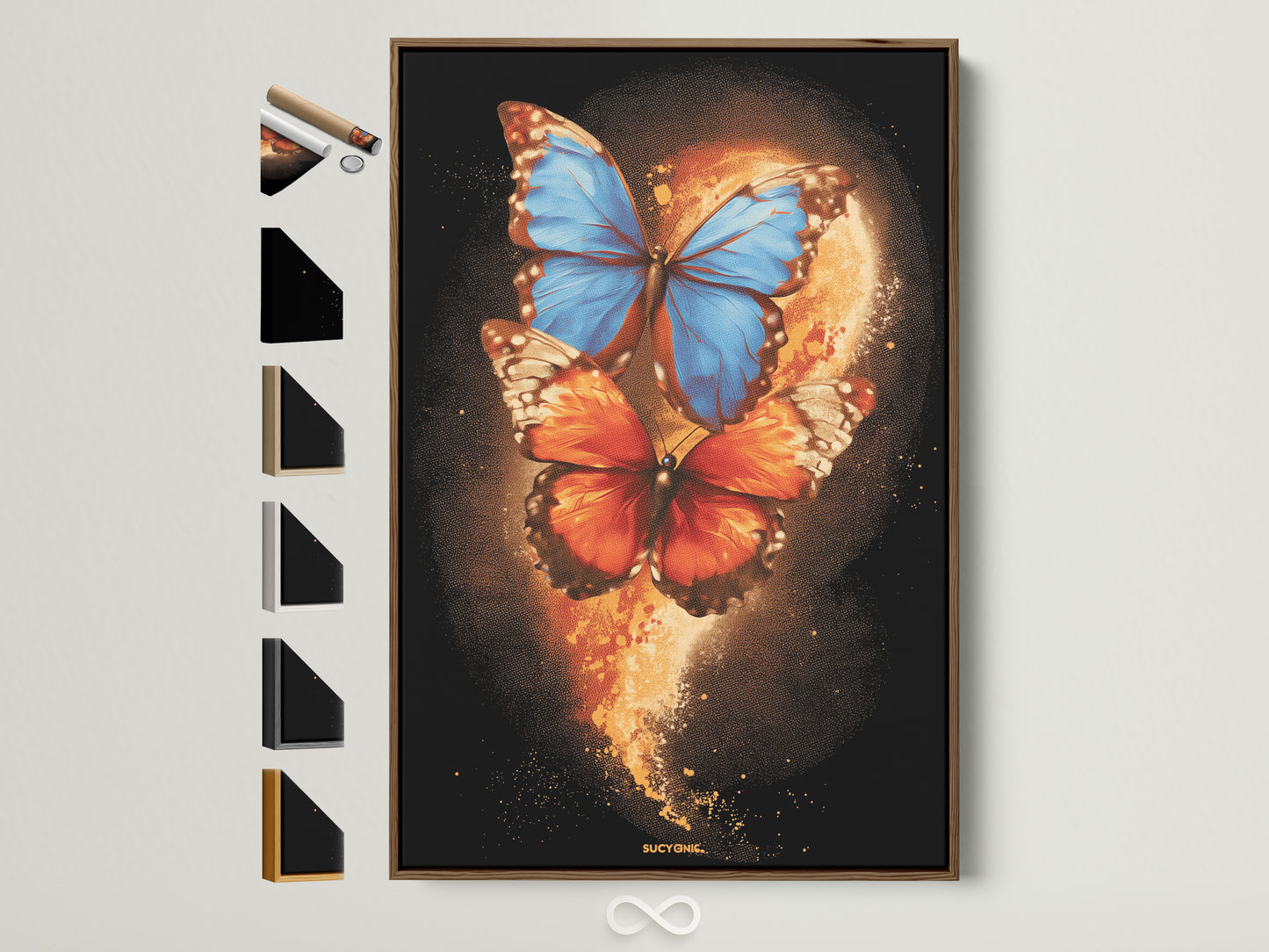 A captivating butterfly canvas print is showcased within a brown frame. The art piece features vibrant blue and orange hues. Various frame options are neatly arranged beside it. The artwork is modern and perfect for adding color to any room.