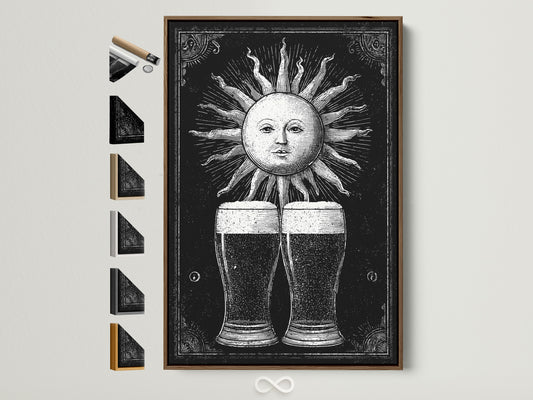 A brown frame showcases vintage artwork featuring a sun and two glasses of beer. All frame options are displayed on the side. This art print enhances any room. The neutral frame complements the black and white artwork beautifully. Perfect for home or office spaces.