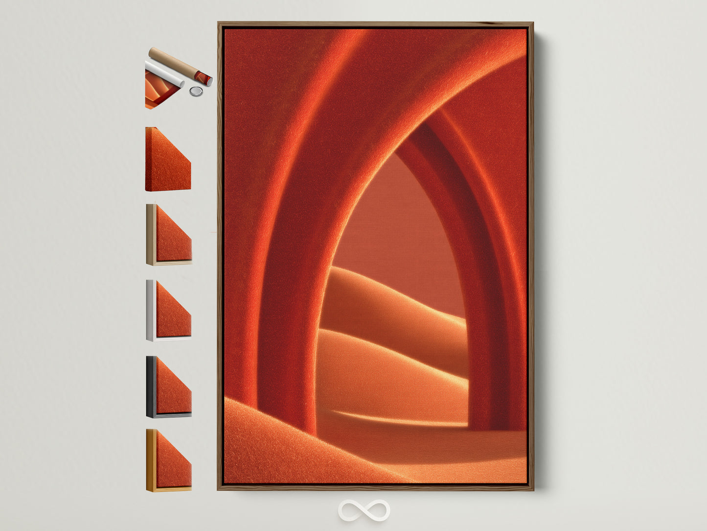 Abstract Terracotta Wall Art in a brown frame. The frame options are displayed on the side. This warm earth tone canvas print adds a modern minimalist touch to bedroom wall decor. Perfect for contemporary art lovers. It enhances living rooms entryways and office spaces.