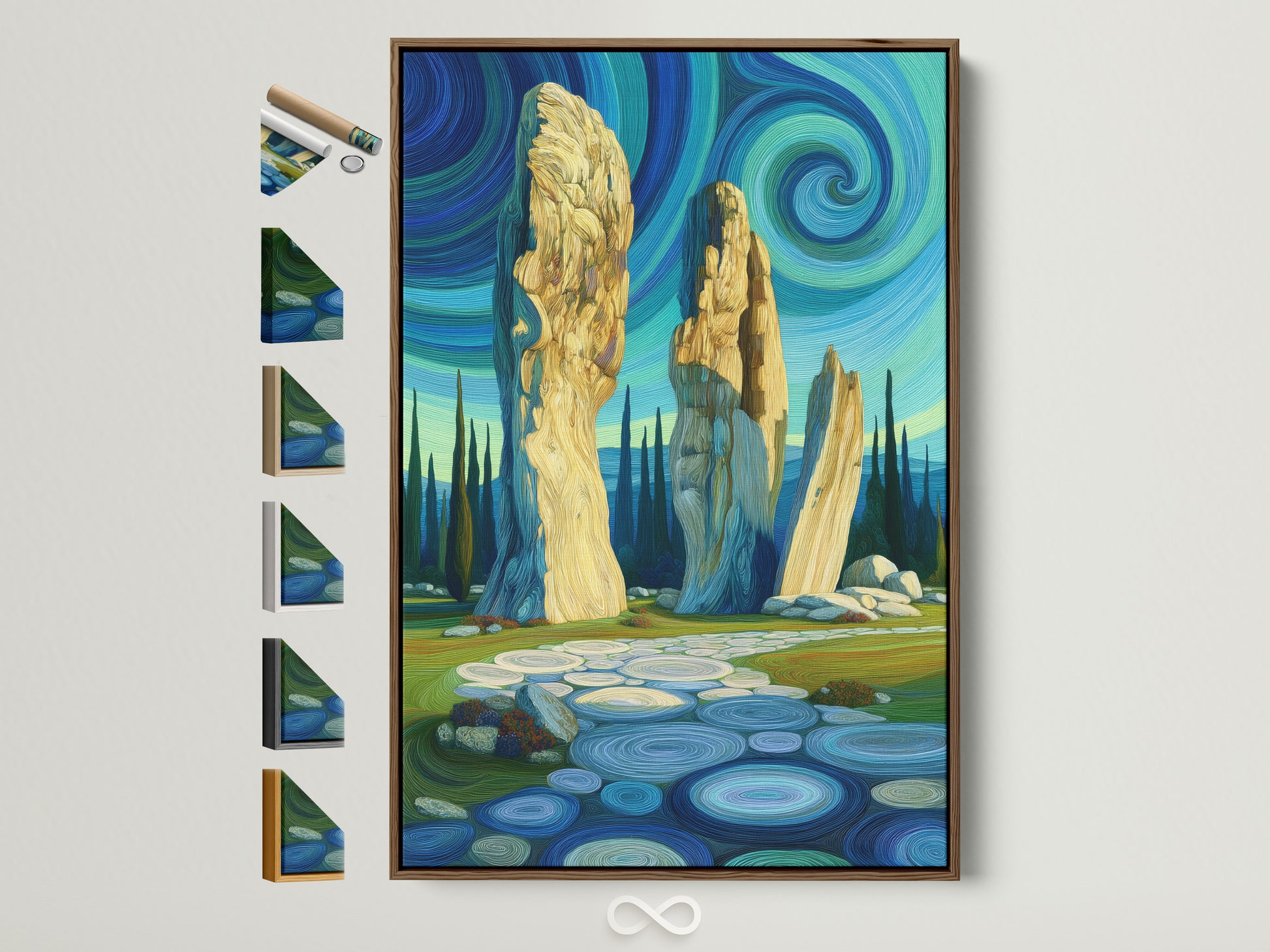 A framed canvas print features a mystical landscape artwork. The art shows an ancient stone circle beneath a swirling blue sky. The frame is brown wood. All frame options are displayed beside it. Perfect wall art for a study room decor with a Celtic theme.