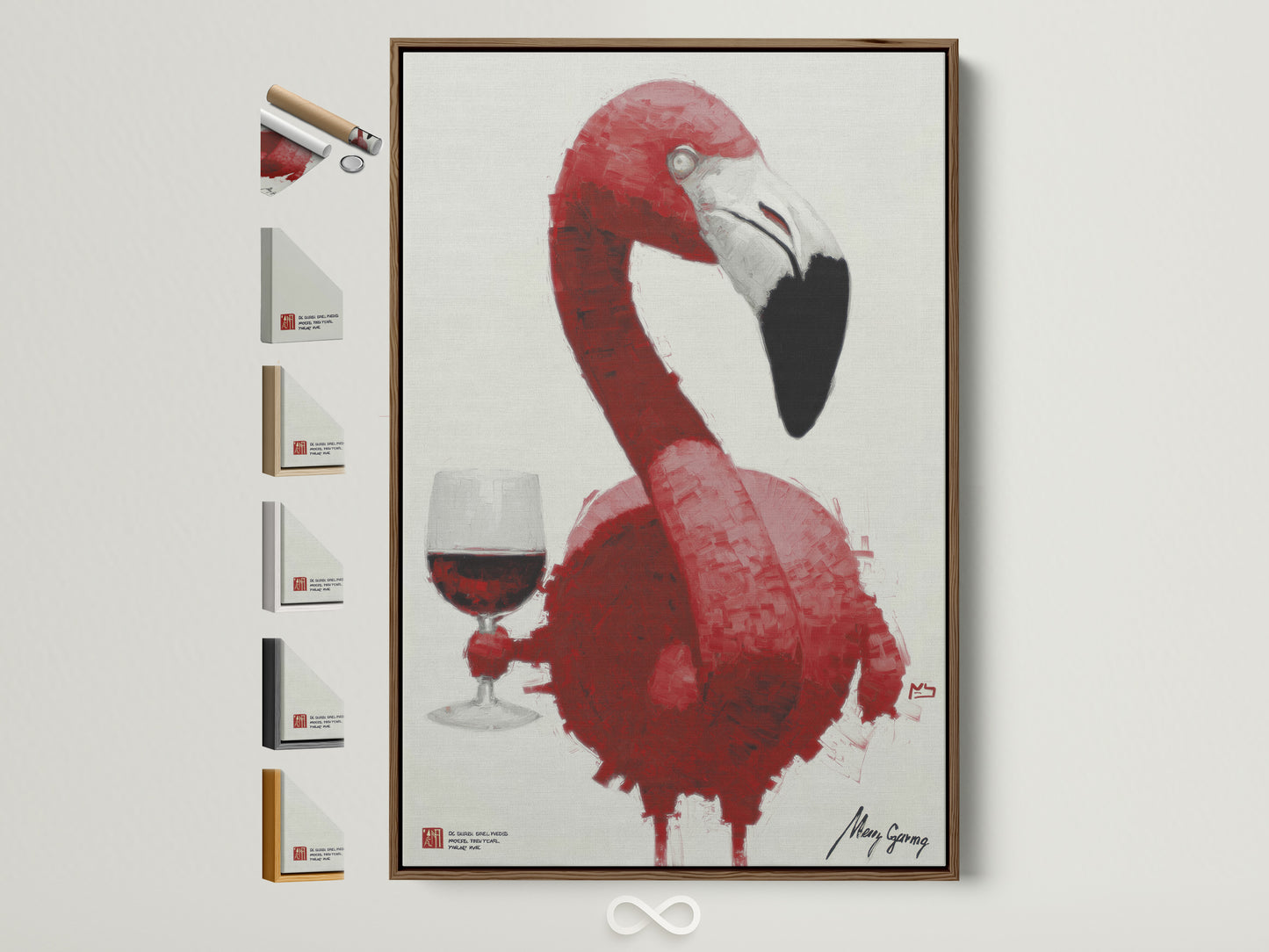 Framed pink flamingo wine art print on a wall with frame options. This whimsical animal artwork brings a modern touch to any space. Perfect coral bird poster for dining or living room decor. Shop now for unique flamingo wall art to elevate your home's aesthetic.
