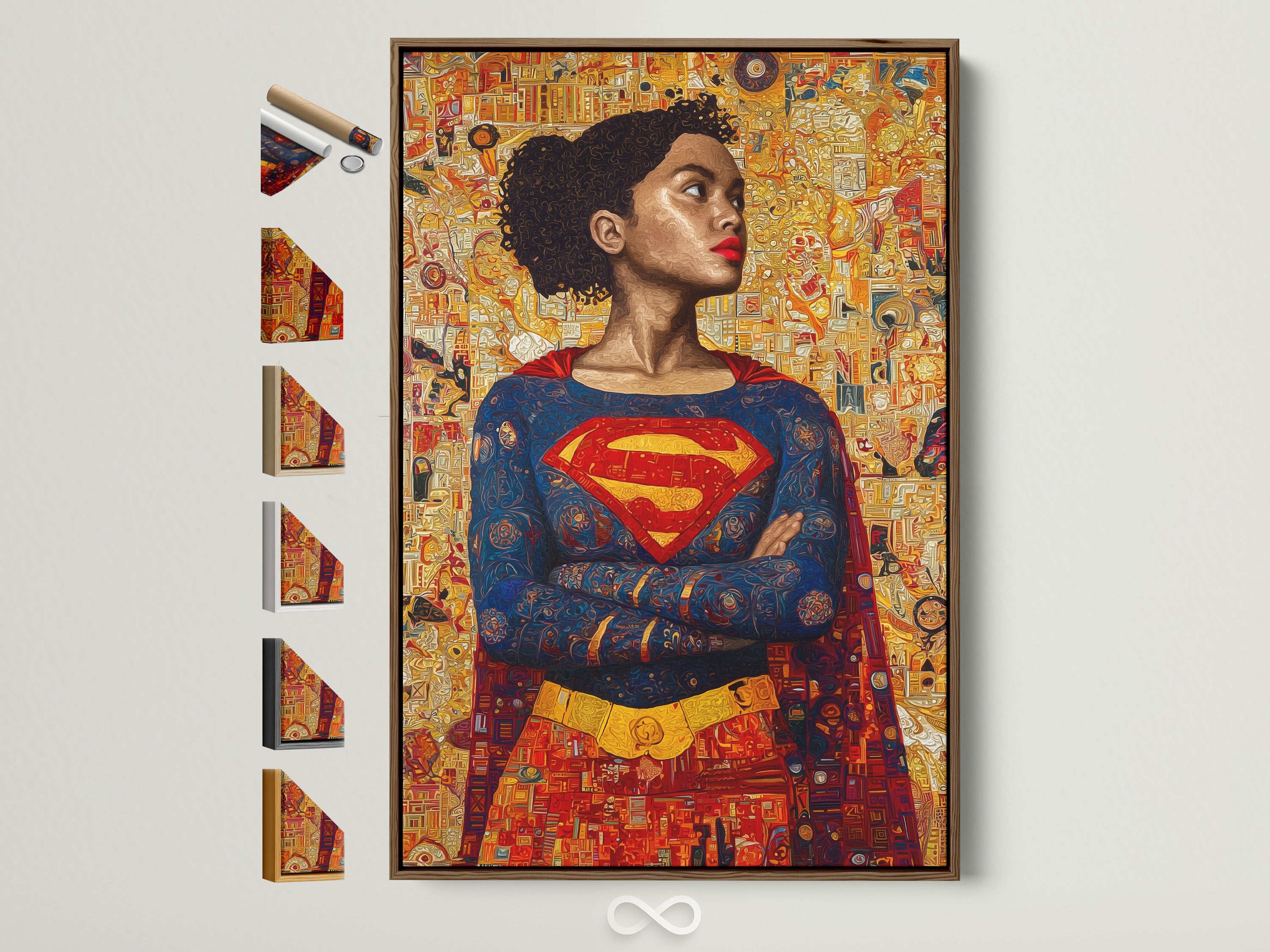 A stunning brown frame displays a vibrant artwork. The artwork features a woman dressed as Superman. Various frame options are showcased on the side. This allows customers to visualize different framing choices. Find the perfect frame to complement your art. Elevate your space with framed artwork.