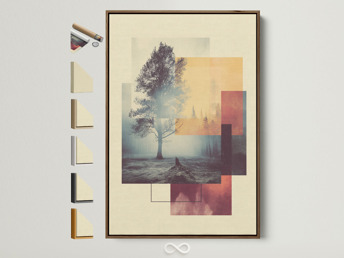 Brown frame with frame options. The artwork is displayed in a brown frame. Various frame options are showcased. The options include different colors and styles. Find the perfect frame for your art. This frame enhances any space with its natural tone and clean lines. It brings warmth and sophistication.