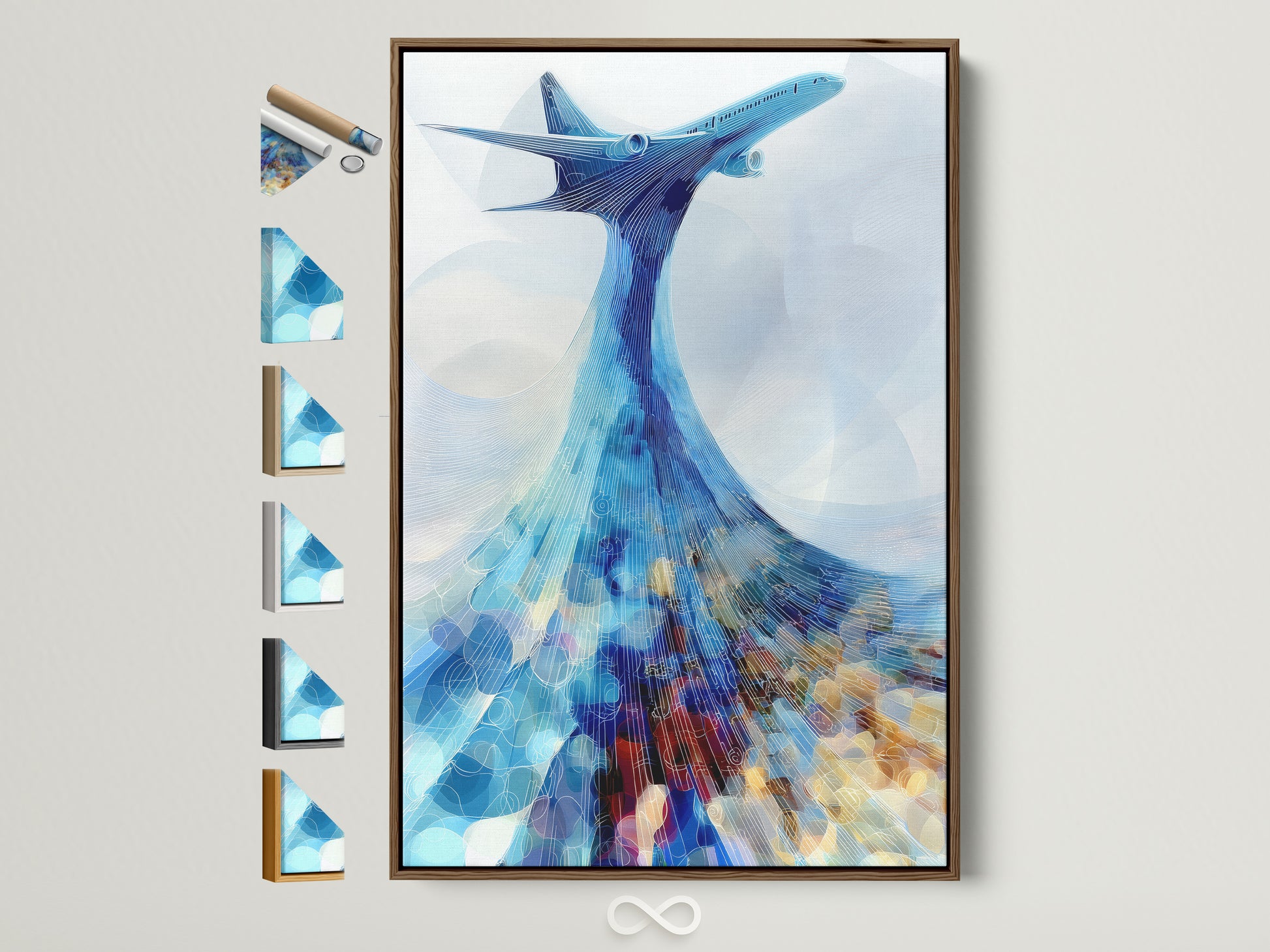 Airplane art print in a brown frame. The artwork features an abstract aviation theme. Teal blue travel poster for office or home. Explore all our frame options to customize your art.