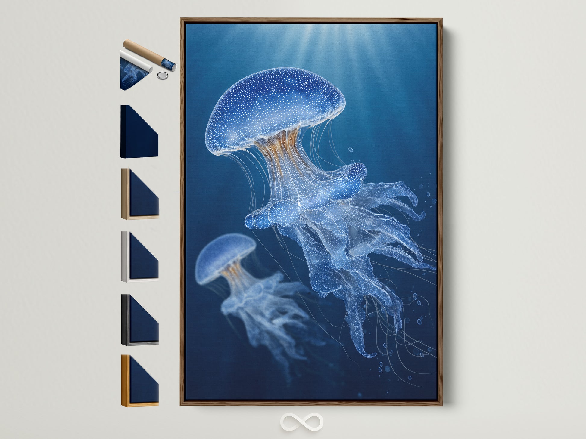 Artwork featuring a brown frame with various framing options displayed. Explore our diverse range of art frames. Discover the perfect frame to complement your artwork. Find the ideal style to enhance your living space. Elevate your art with our exquisite framing choices.