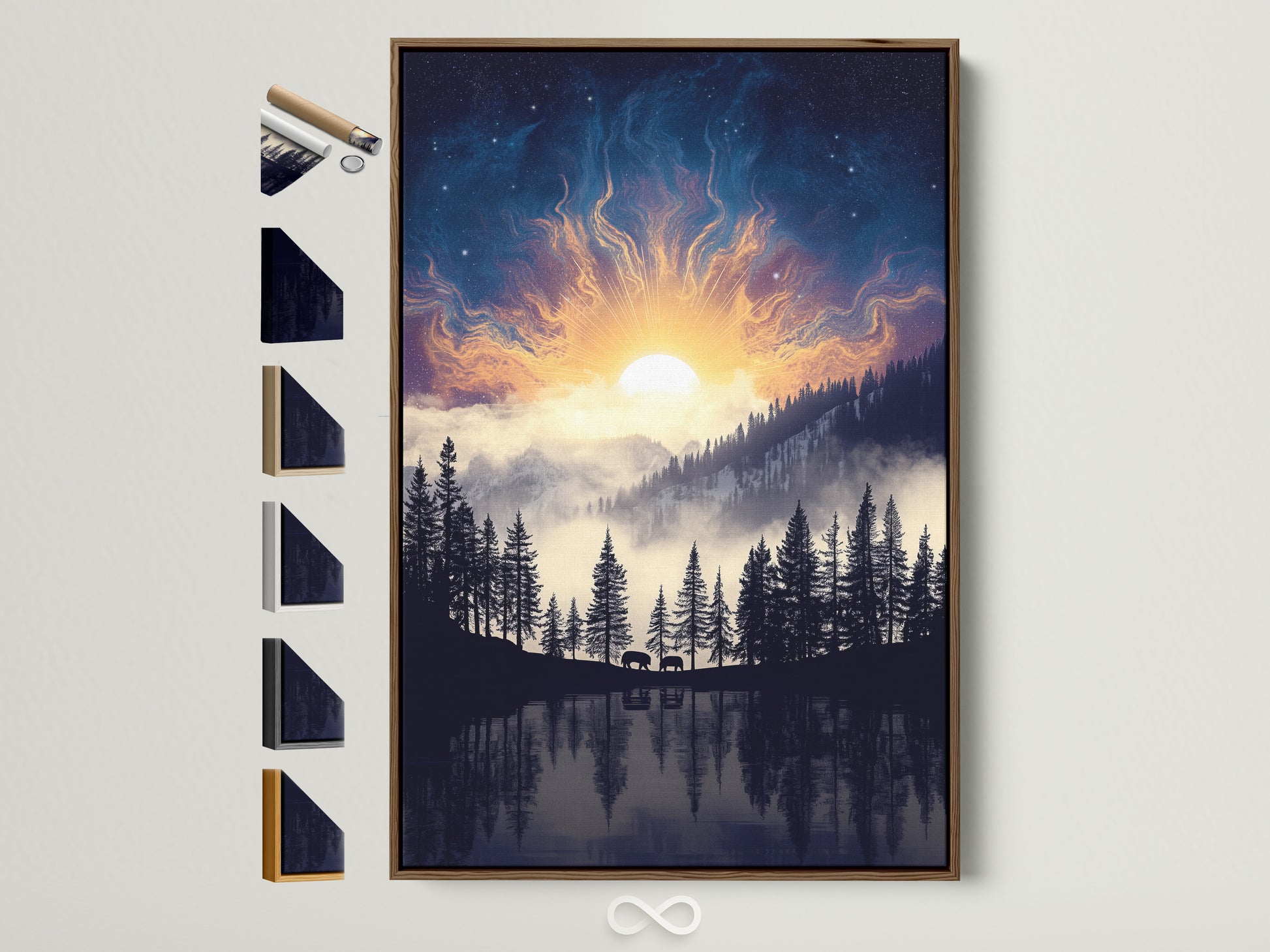 Mountain Lake canvas artwork with a brown frame shows all available frame options. The artwork features pine trees and a celestial sky. This forest wall art is perfect bedroom decor. Get nature photography and wilderness art for your modern nature theme.